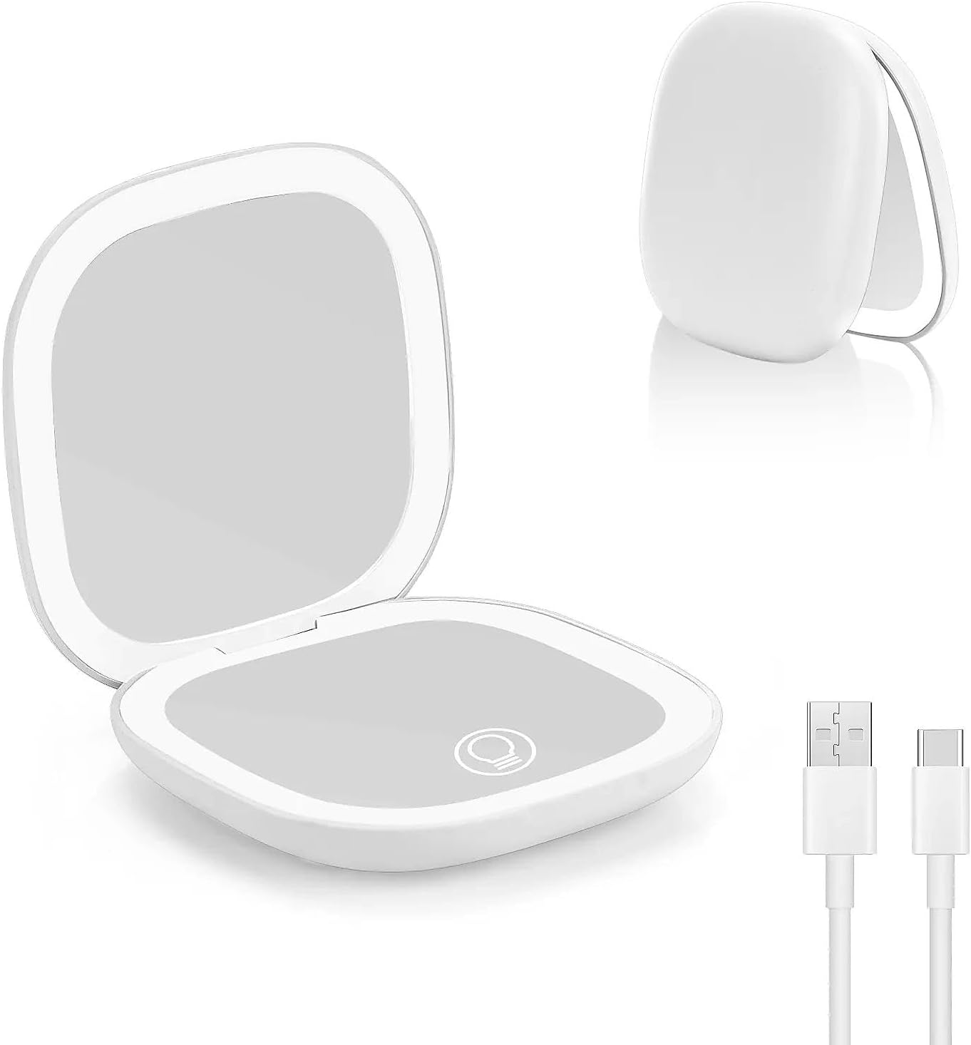 Lustro powiększające LED, kieszonkowe lusterko z ładowarką USB 1X/10X, 3 regulowane światła, składany magnetyczny włącznik do makijażu (białe)