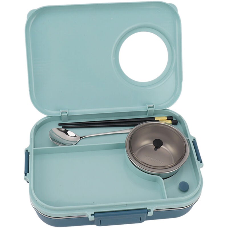 Ten izolowany lunchbox z czterema przegrodami (1200 ml) zawiera miskę na zupę, pokrywkę, łyżkę i parę pałeczek.