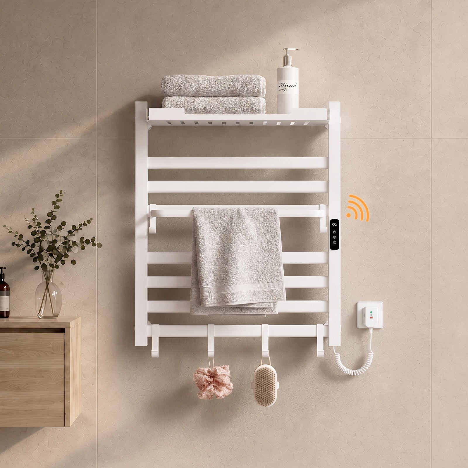 Grzejnik łazienkowy elektryczny WiFi 70 × 60 cm, 233 W, biały, sucha bezwładność, włókno węglowe, z półką i haczykami - S'AFIELINA