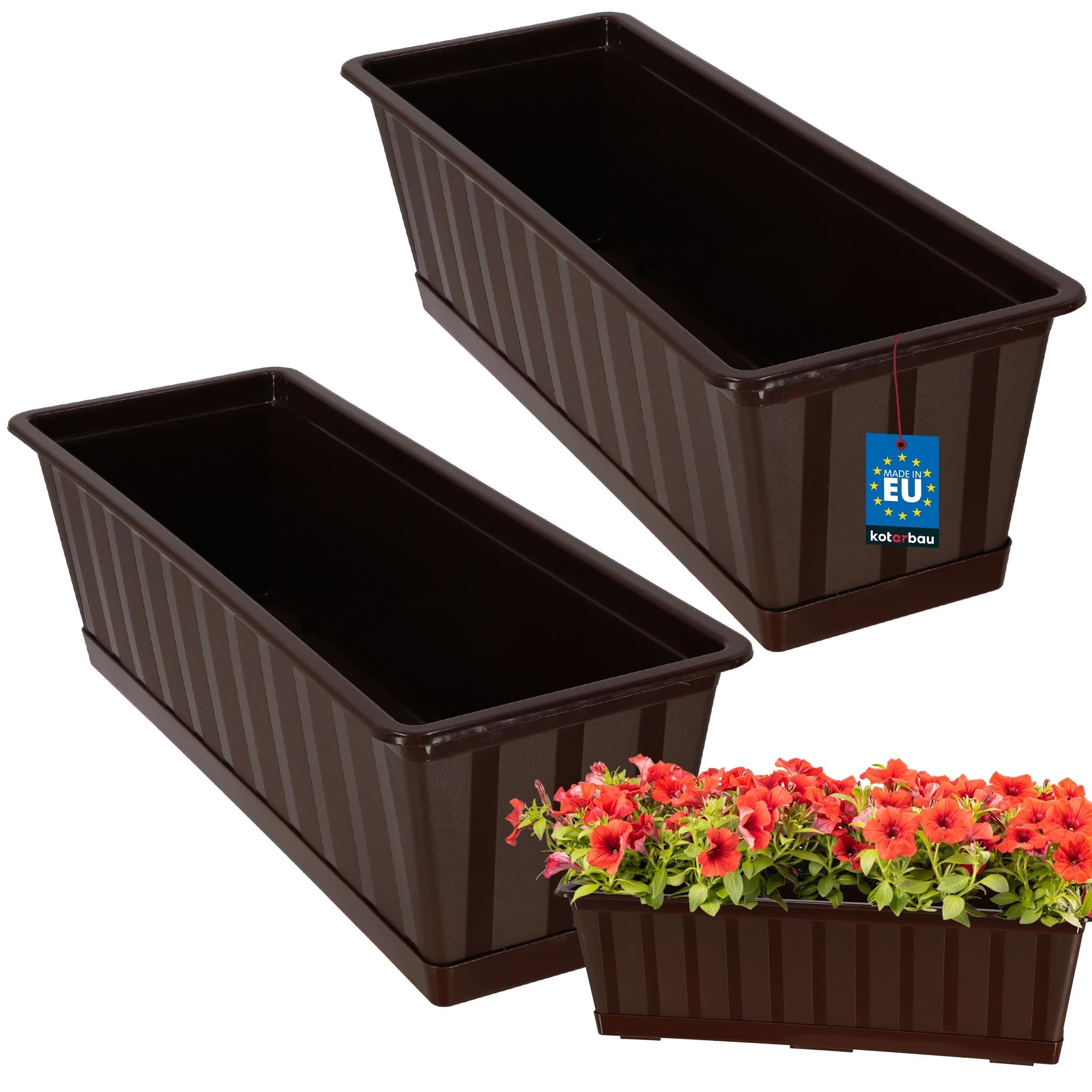 2 szt. Doniczka - Skrzynka Balkonowa - 50 x 18 x 14 cm - Skrzynia na Balustradę Balkon - Donica z Podstawką - Brąz KOTARBAU
