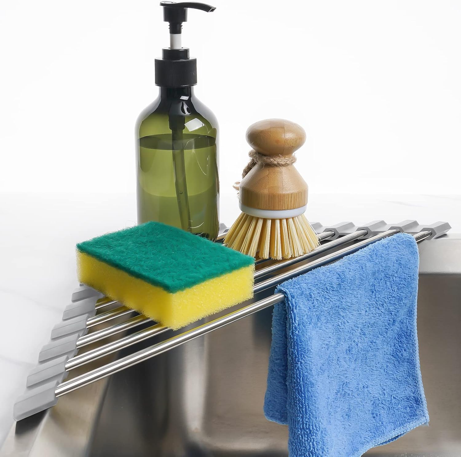 (Szary) Trójkątna, zwijana suszarka do naczyń do narożnika zlewu, mały rozmiar, składana, ze stali nierdzewnej, wielofunkcyjna, ociekacz kuchenny