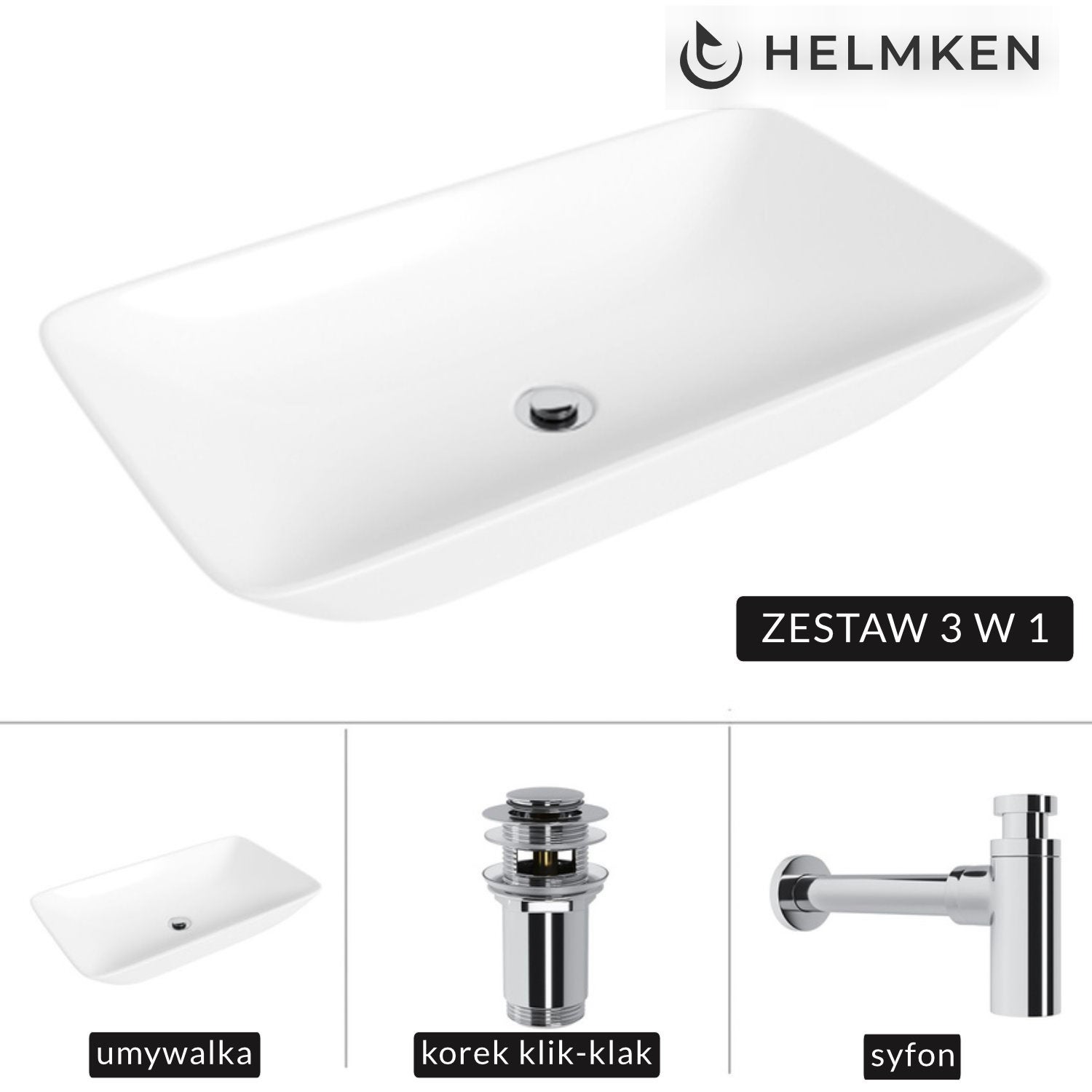 Umywalka nablatowa Helmken 88670000 (70x40) Biała + Syfon Chrom + Korek klik-klak Chrom