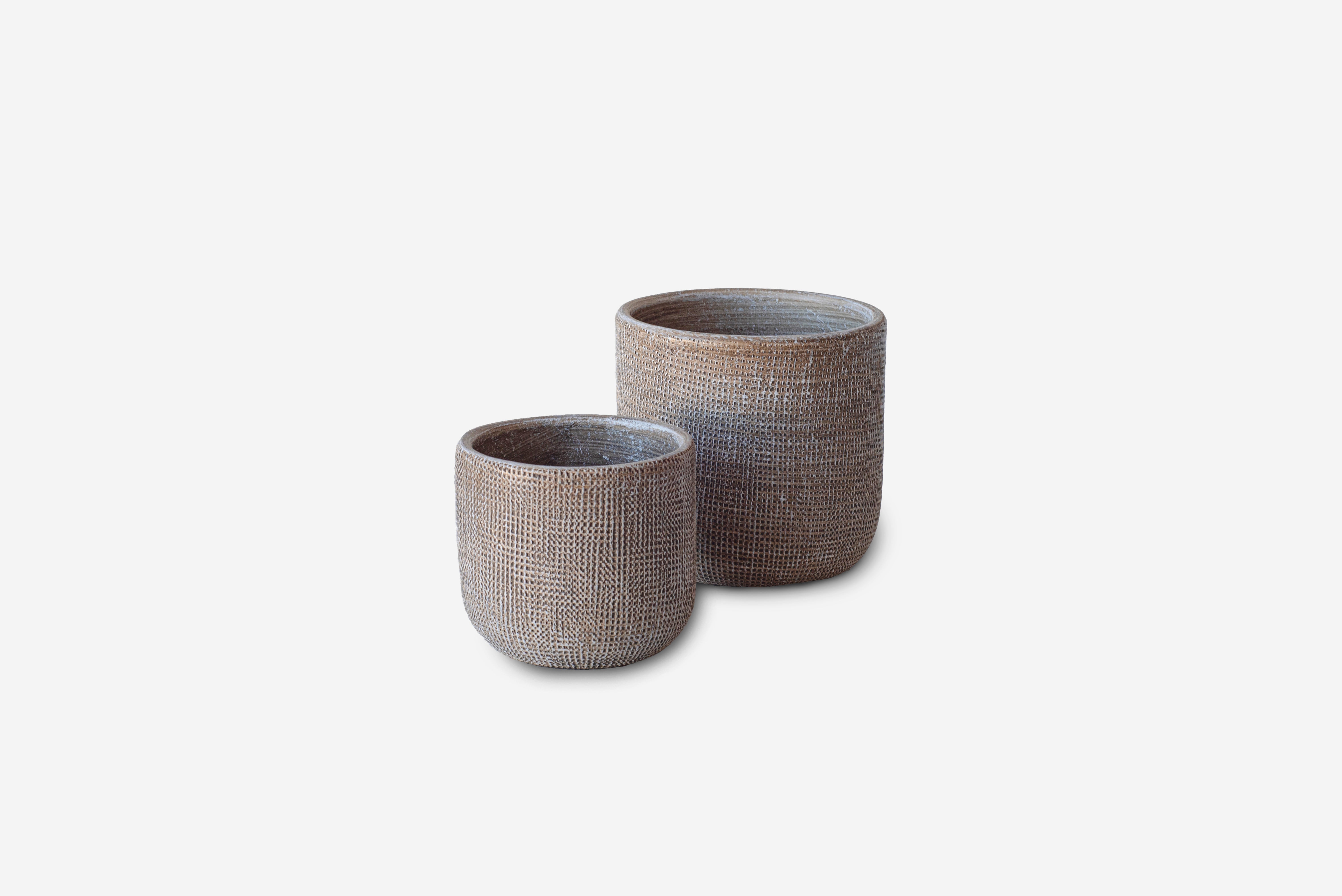 ZESTAW DWÓCH OKRĄGŁYCH CERAMICZNYCH DONICZEK W KOLORZE PIASKOWYM Ø11X10,5 I Ø8X7,5 CM