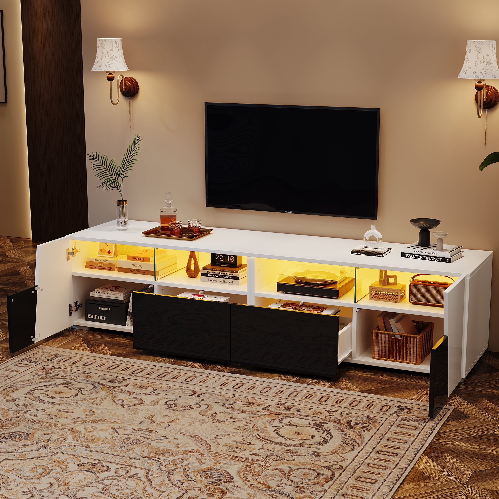 Meble pod TV 180x38,5x45 cm - z oświetleniem LED - 2 szuflady i 2 fronty - Otwarte półki - Błyszczące wykończenie - Biały + czarny