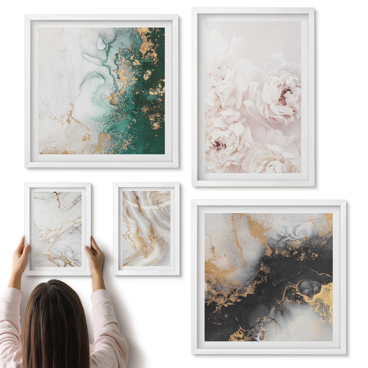 Galeria ścienna 5-częściowy komplet obrazów w białych ramach - Kwiatowe akcenty i abstrakcyjne wzory w eleganckim stylu - ArtPrintCave
