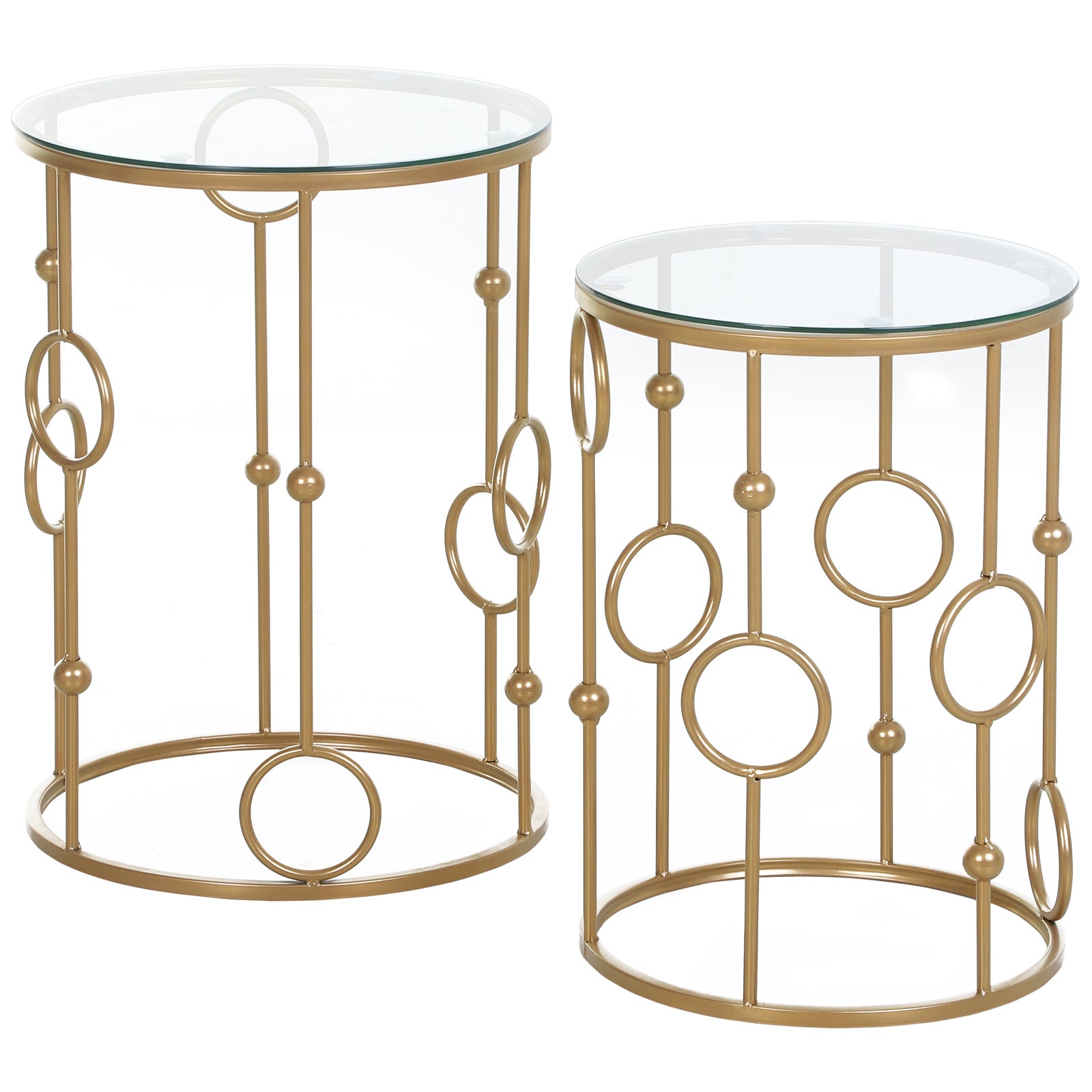Zestaw 2 okrągłych stolików kawowych w stylu Art Deco, Ø 41 i Ø 36 cm, metal w kolorze złotym, szkło hartowane 5 mm