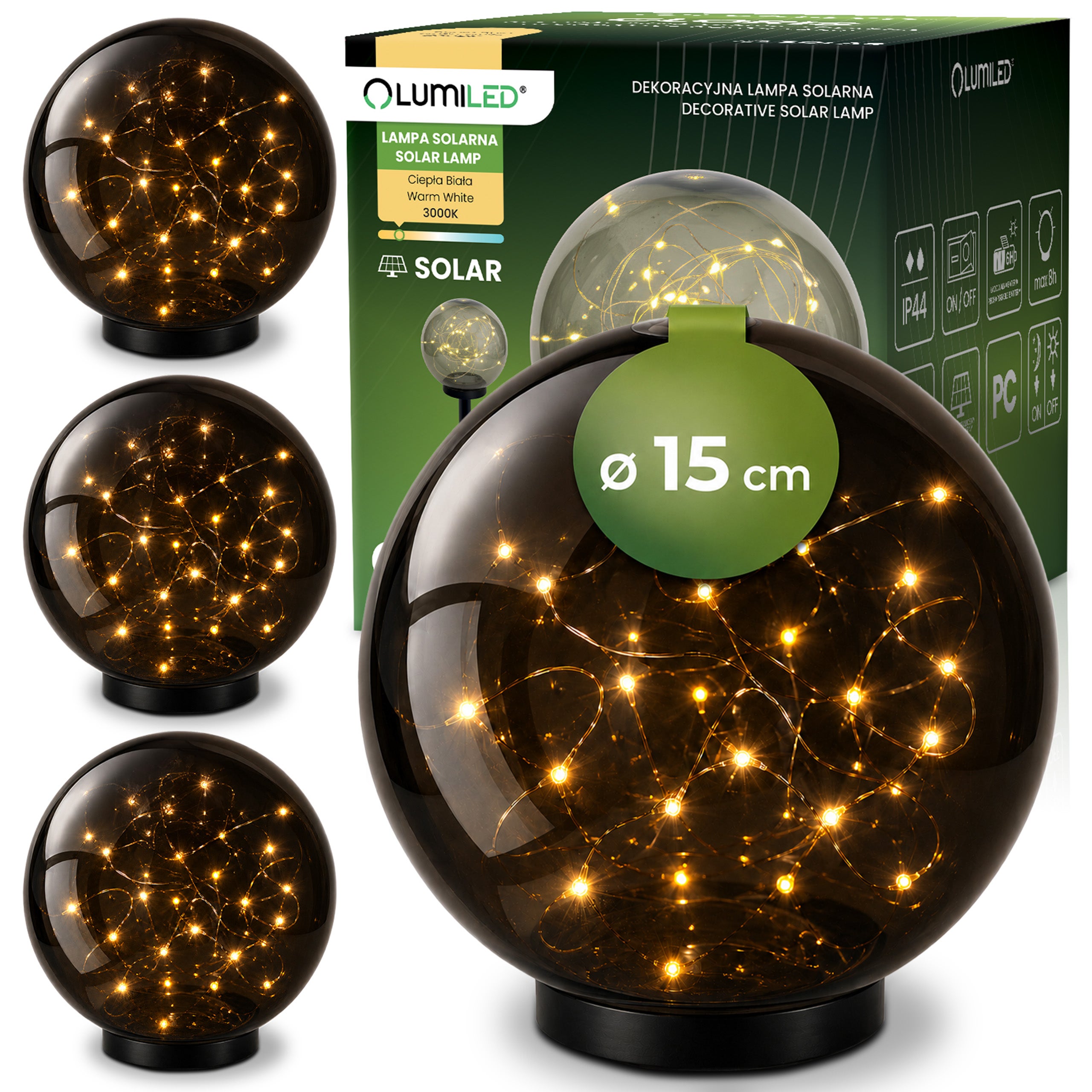 Lampa Solarna Lumiled Ogrodowa LED 3000K Ciepła biel IP44 Wbijana Naziemna Ozdobna Kula Dymiona 15cm 4 szt.