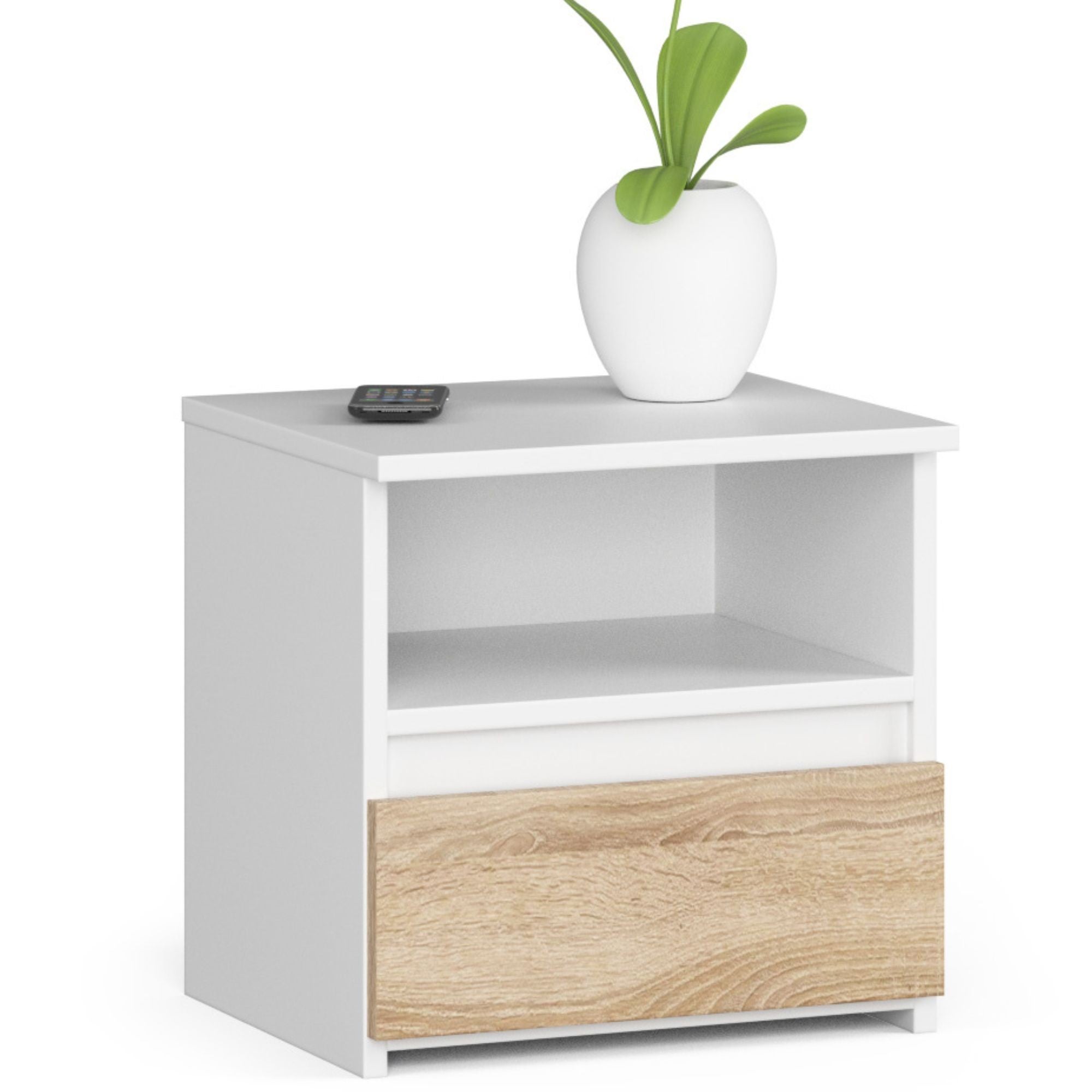 Szafka nocna AKORD CL1 Biała 40 cm 1 szuflada kolor Dąb Sonoma mat 1 półka 40x35x40 cm