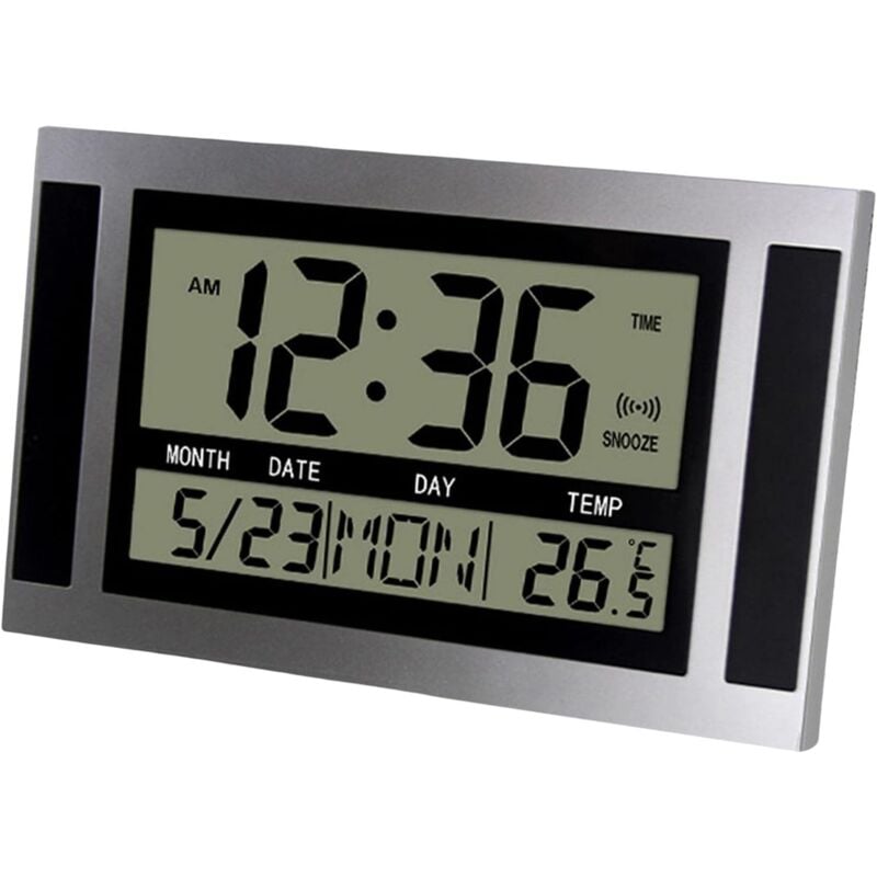 Cyfrowy zegar ścienny LCD z dużym wyświetlaczem, temperatura, kalendarz, budzik, zegar biurkowy, nowoczesny design, biuro, srebrny