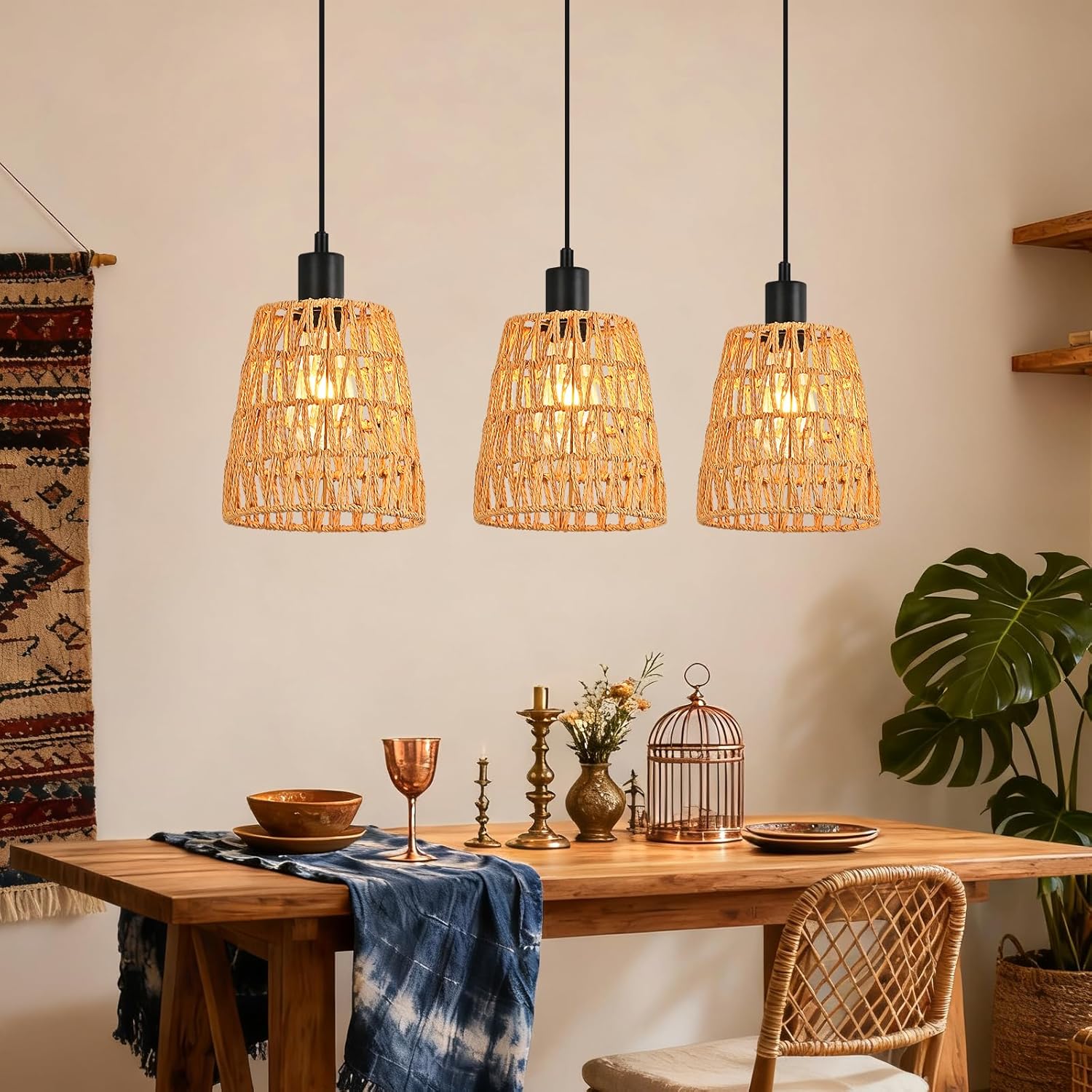 Lampa wisząca Nettlife Boho Rattan z 3 żarówkami – żyrandol z plecionej liny konopnej w stylu vintage, E27 (żarówki nie są dołączone)