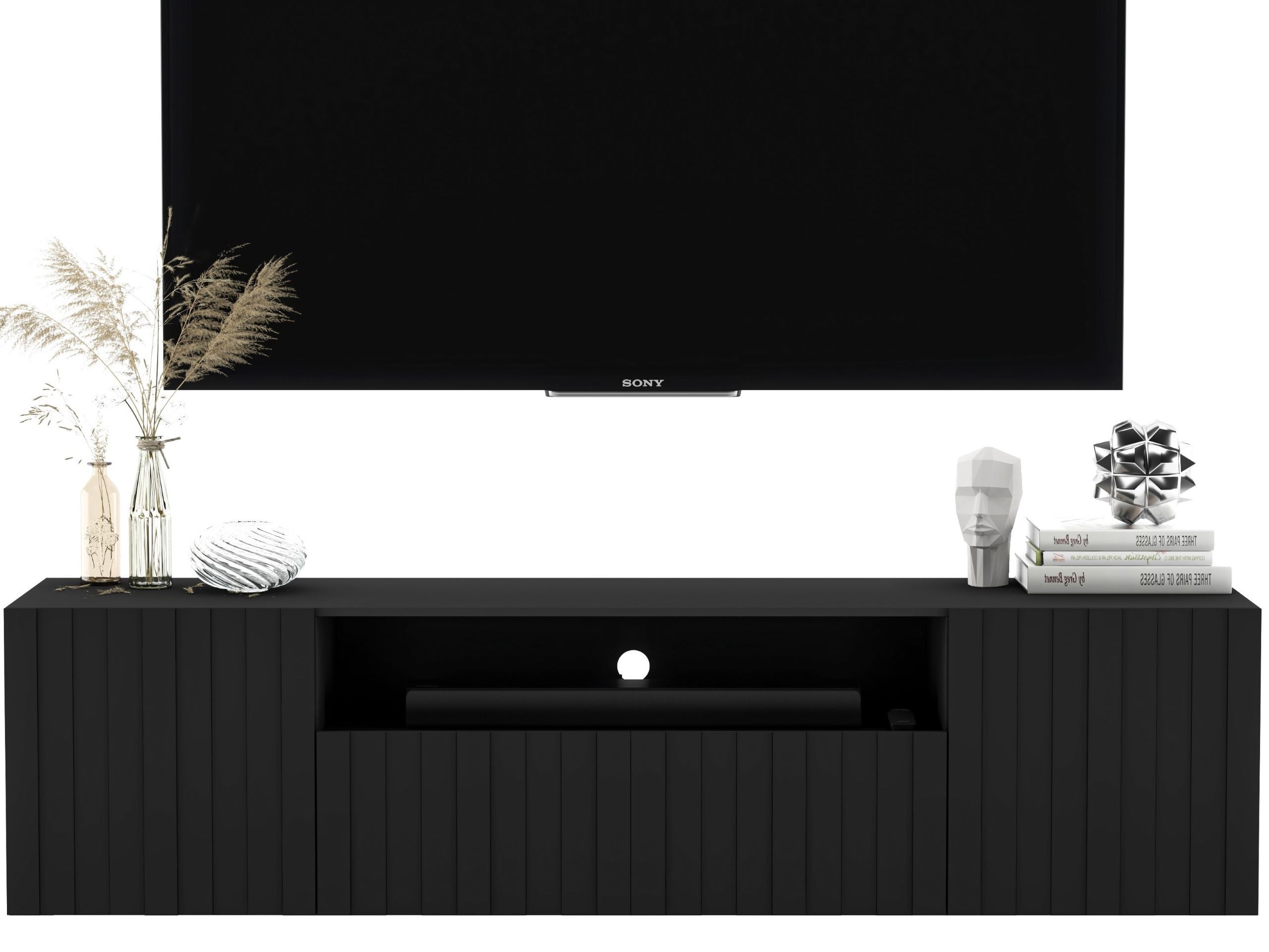 Wisząca szafka RTV Glamour 150 cm czarny mat, komoda pod telewizor z ryflowanymi frontami