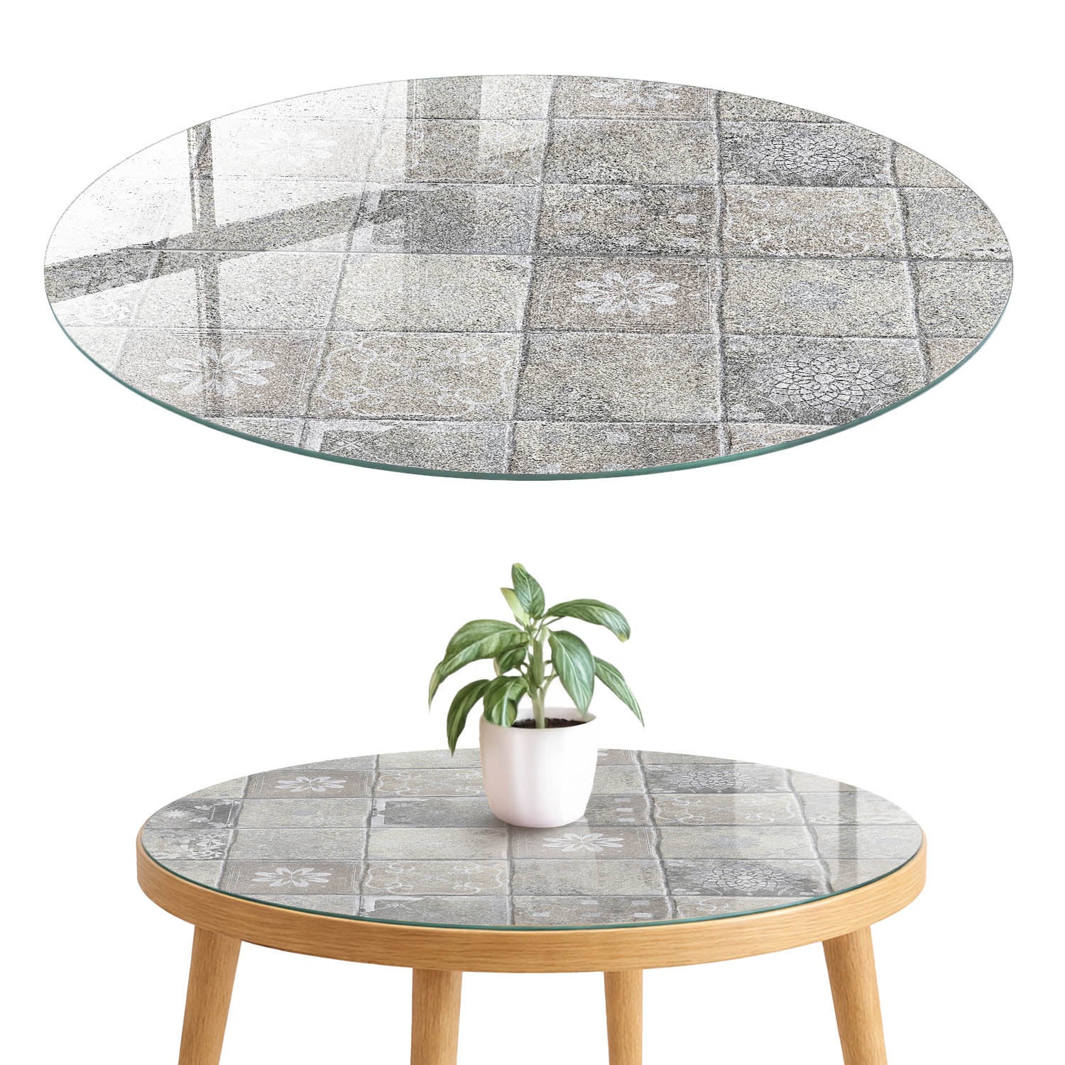 Szklany blat hartowany z wzorem 4 mm - elegancka dekoracja i maskowanie blatu fi90 cm Stylowe kafelki