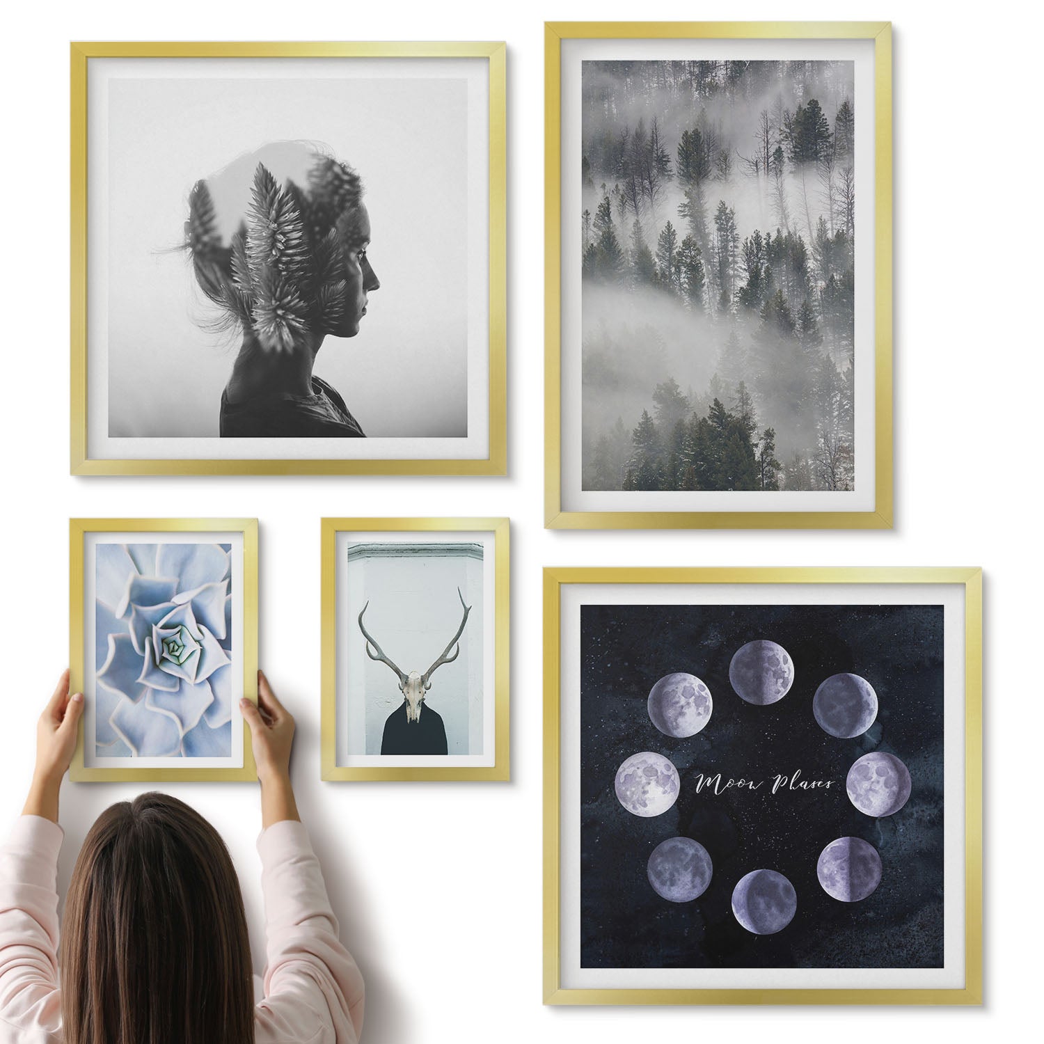 Galeria ścienna 5-częściowy komplet obrazów w złotych ramach - Naturalne motywy leśne i kosmiczne zjawiska - ArtPrintCave