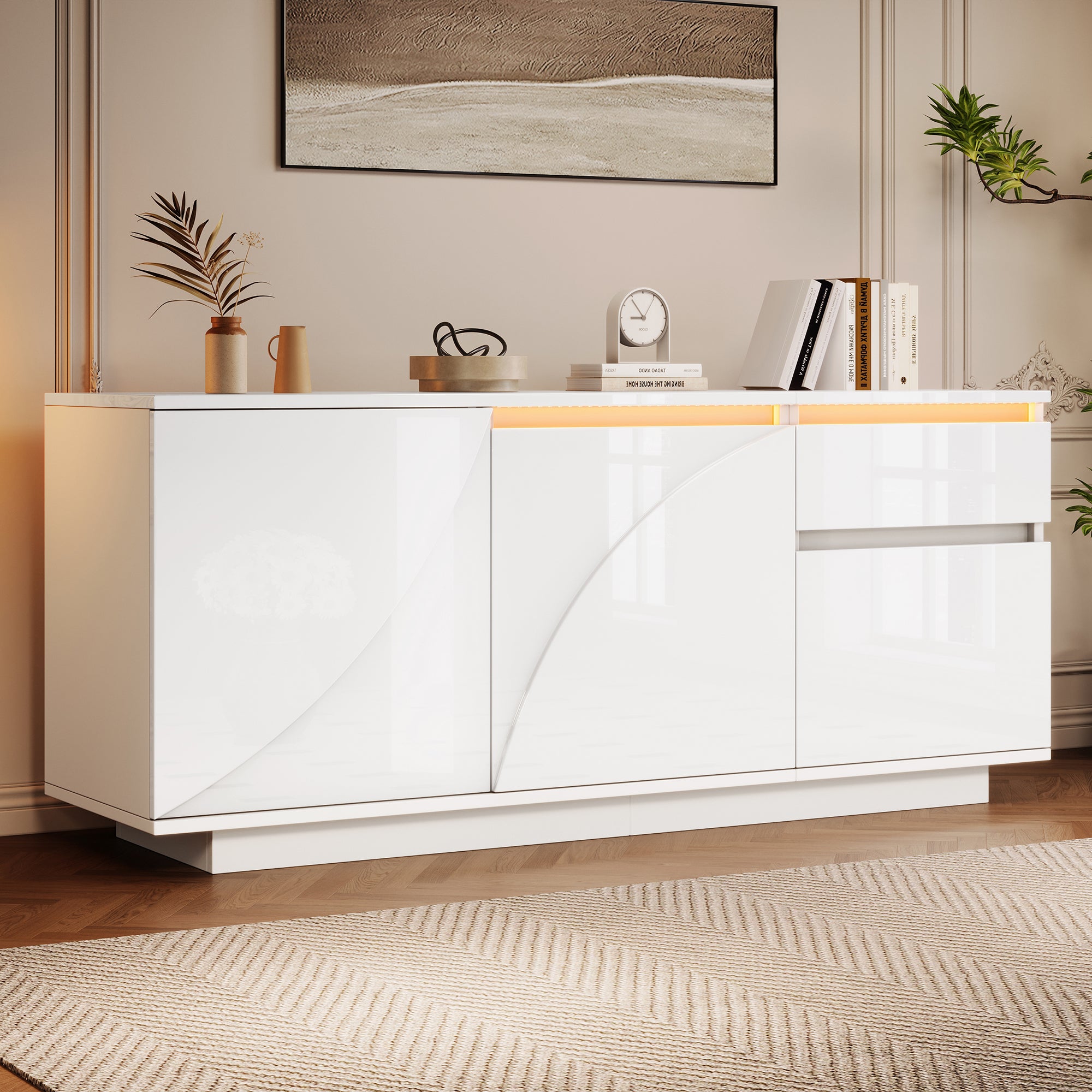 Komoda niska z 3 drzwiami i 1 szufladą - 140 x 40 x 60 cm - Diody LED - Płyta MDF - Regulowane półki - Biały połysk
