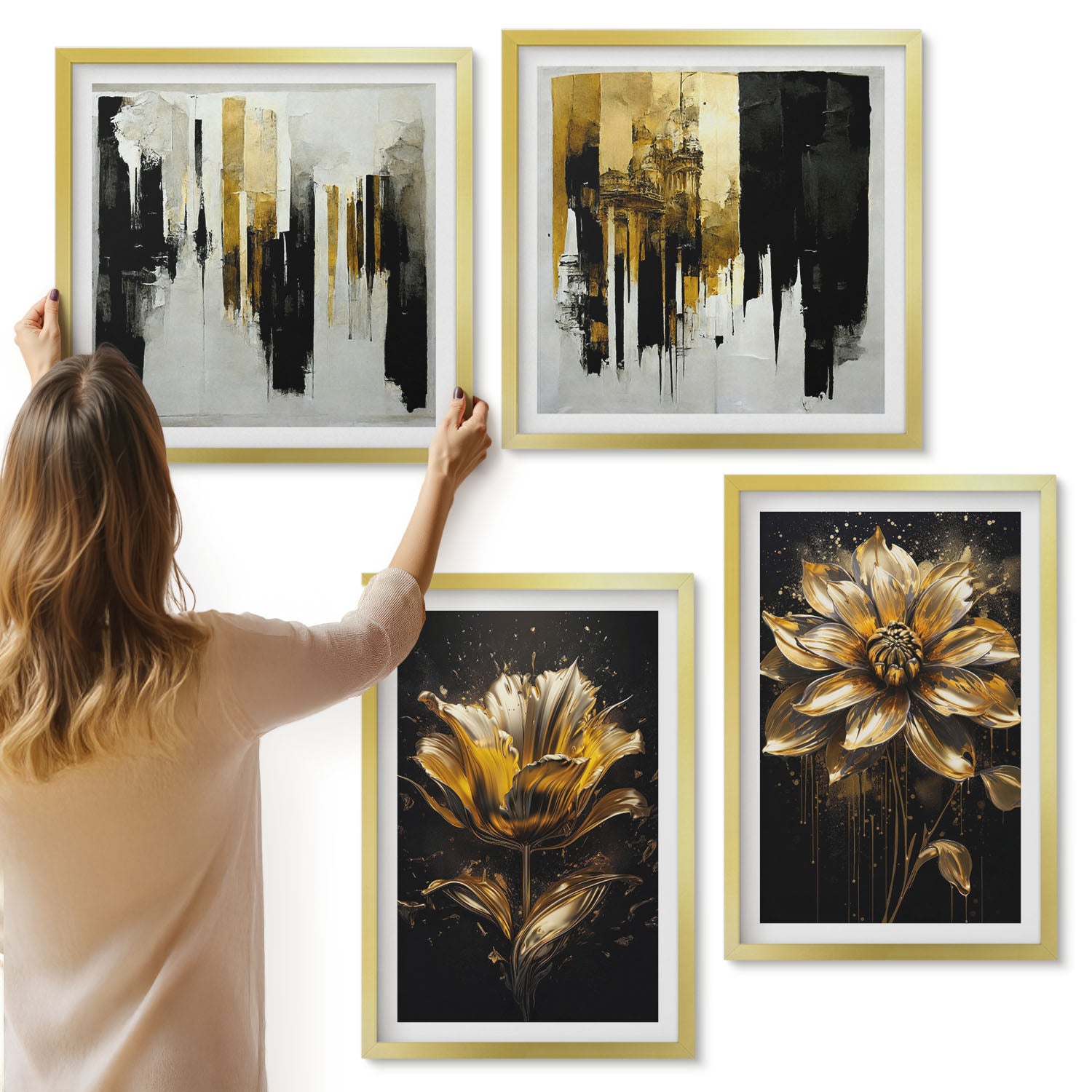 Galeria ścienna 4-częściowy komplet obrazów w złotych ramach - Stylowe kwiaty abstrakcje nowoczesne - ArtPrintCave