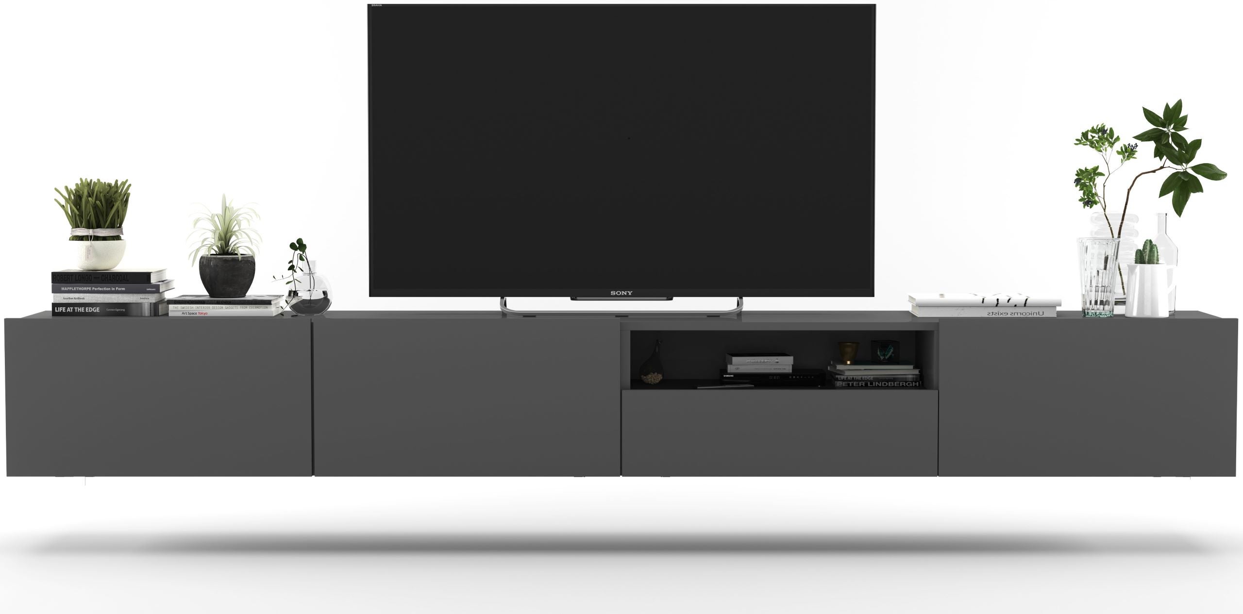 Wisząca szafka RTV Loft 240 cm grafit mat, nowoczesna komoda RTV w stylu loft do salonu