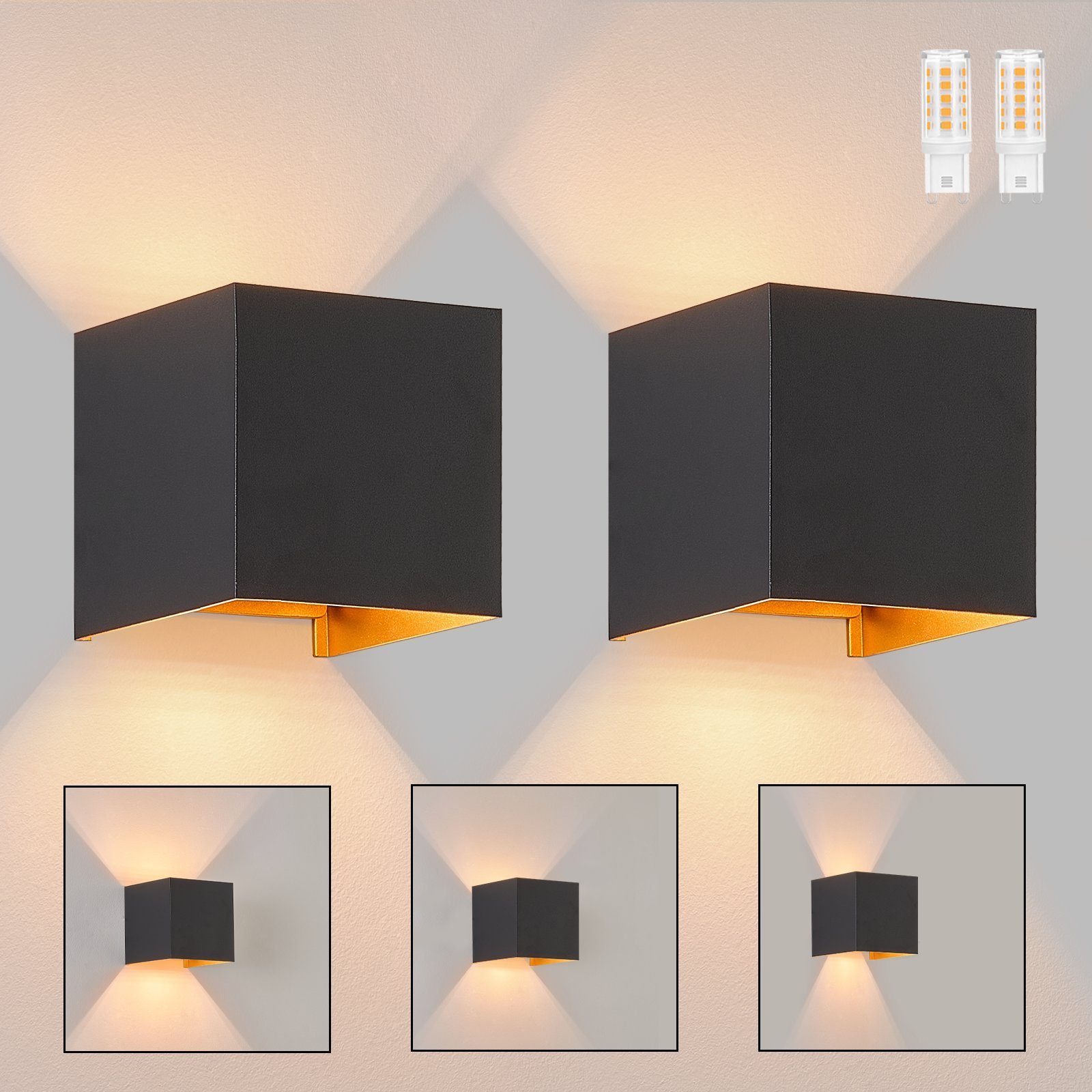 NETTLIFE Kinkiet LED 3W, 2 sztuki - Kinkiet zewnętrzny/wewnętrzny G9 Czarno-złoty, wodoodporny, podwójnie regulowany, IP65 230V 3000K