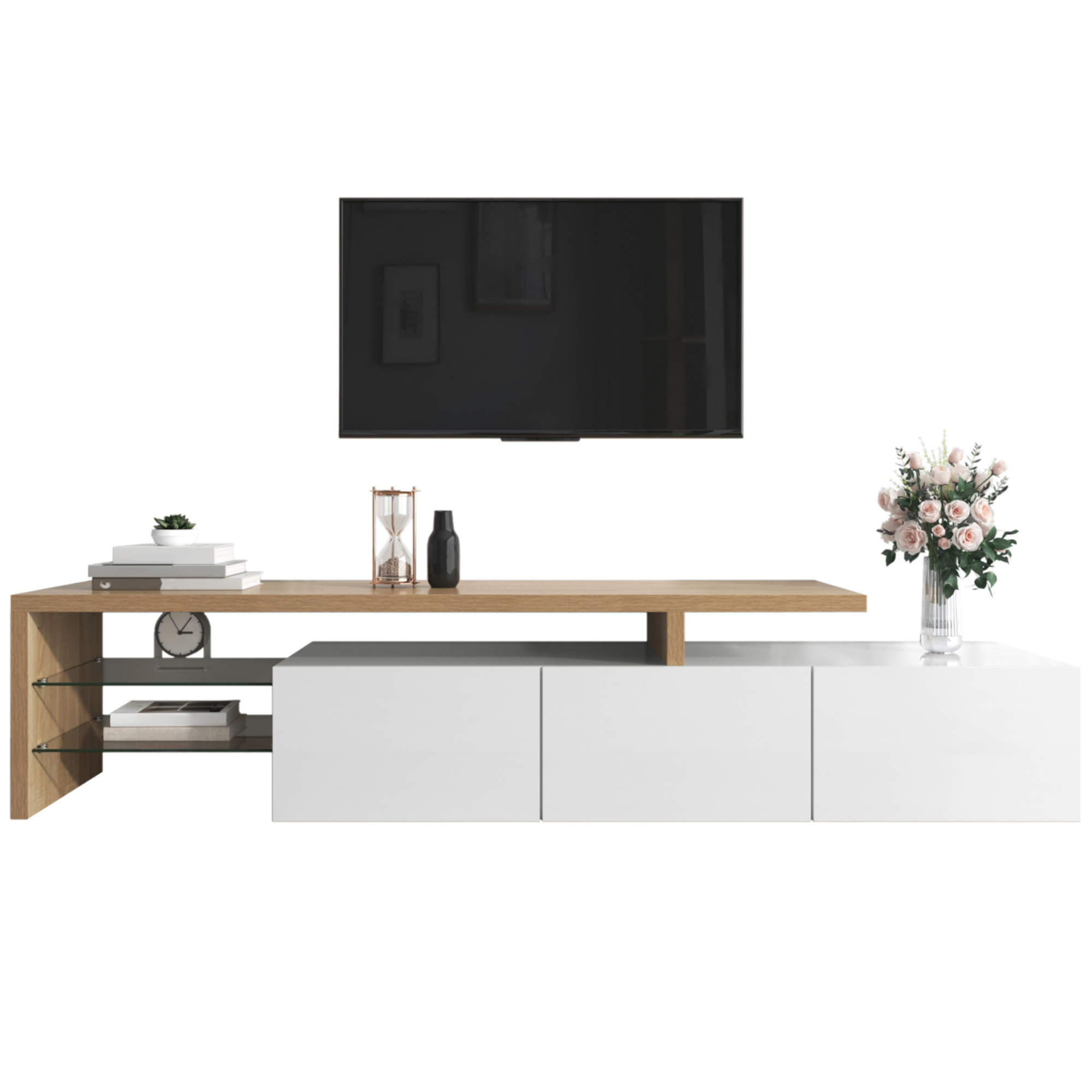 Niski stolik pod telewizor z trzema drzwiami, wymiary 197,5 × 39 × 42 cm, kolor biały