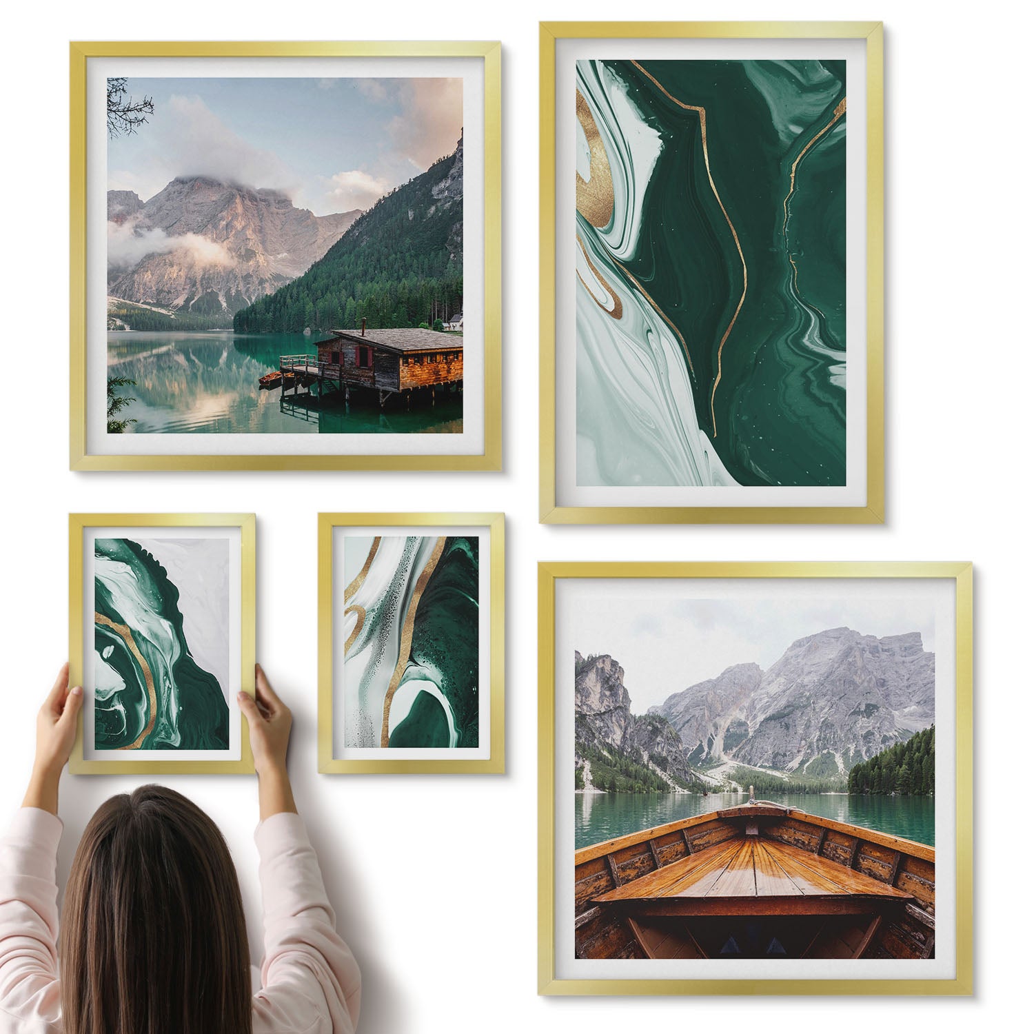Galeria ścienna 5-częściowy komplet obrazów w złotych ramach - Zielone pejzaże z wodami i górskimi krajobrazami - ArtPrintCave