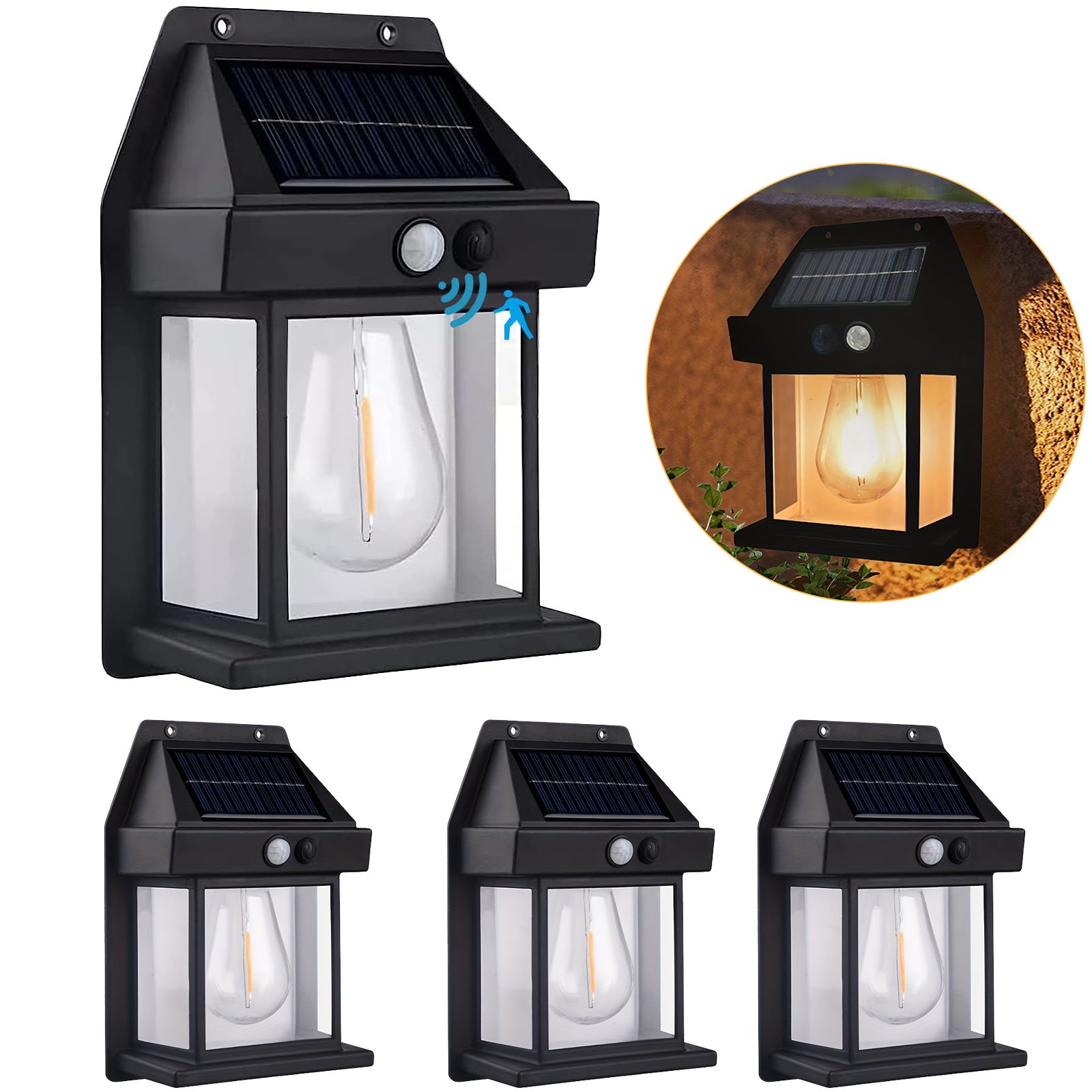 Zestaw 4 zewnętrznych lamp solarnych na ścianę, bezprzewodowe oświetlenie od zmierzchu do świtu do użycia na werandzie z 3 trybami i czujnikiem ruchu