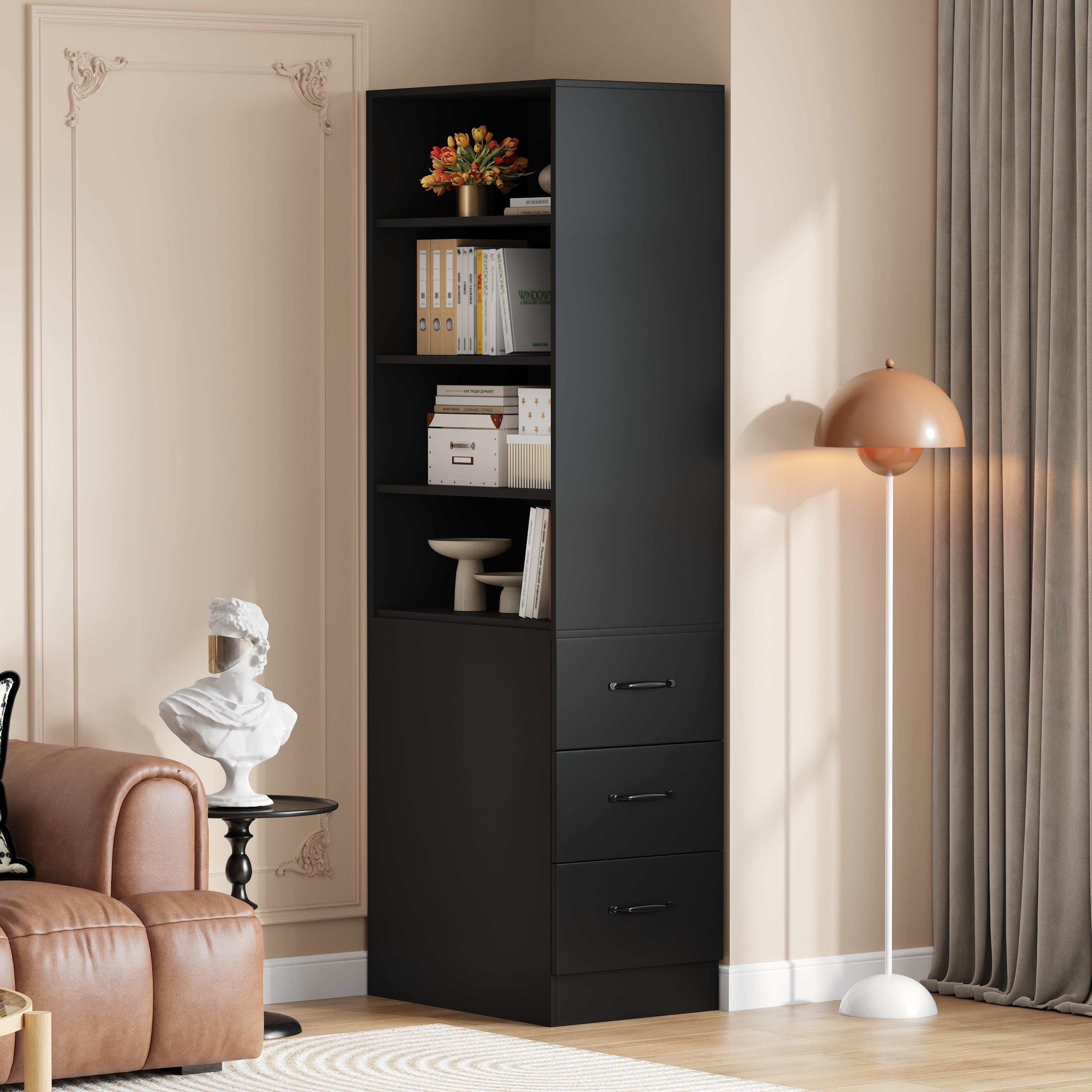 Biblioteka 180 cm wysokości - z 3 szufladami bocznymi - Regulowane półki - Lewa/prawa odwracalna - Czarny