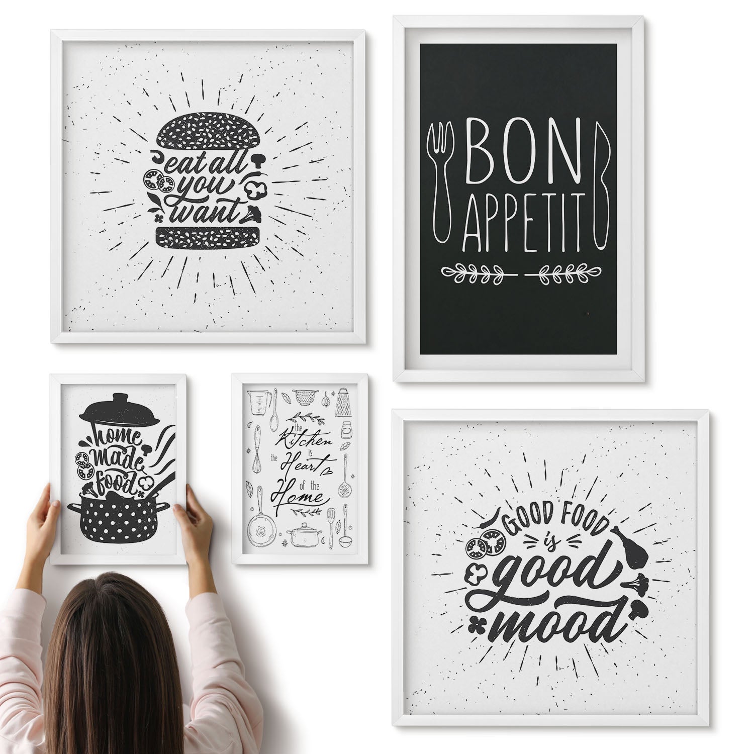 Galeria ścienna 5-częściowy komplet obrazów w białych ramach - Kuchenne inspiracje z hasłami o jedzeniu i gotowaniu - ArtPrintCave
