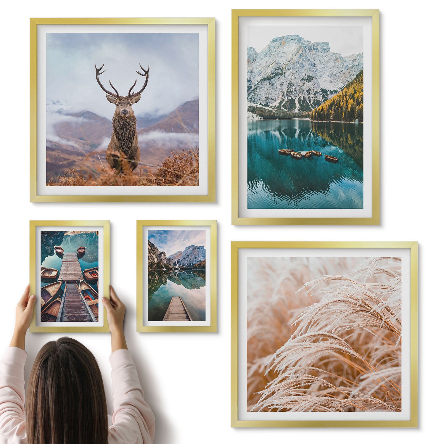 Galeria ścienna 5-częściowy komplet obrazów w złotych ramach - Krajobrazy górskie i naturalne piękno przyrody - ArtPrintCave