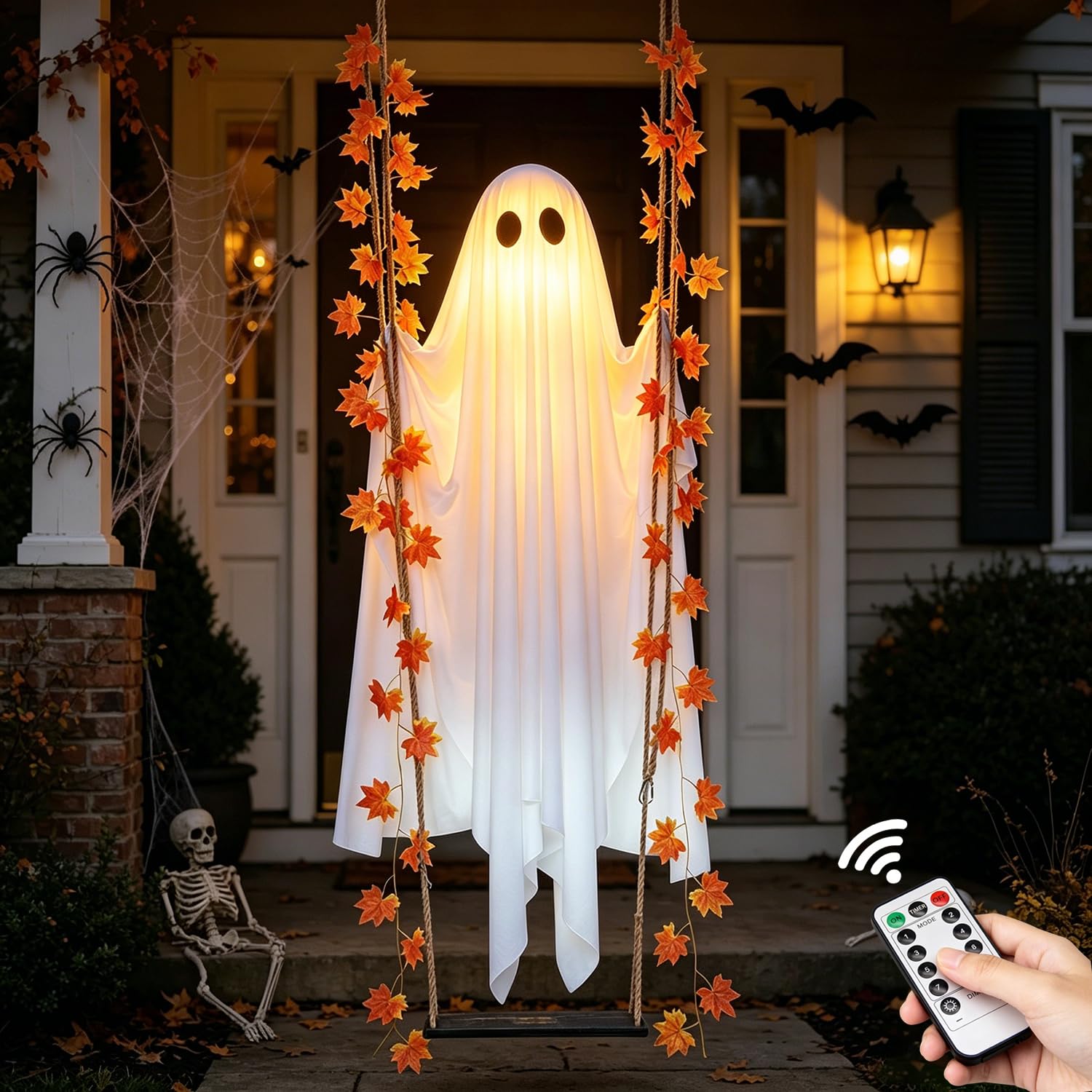 Wiszący duch Halloween 1,34 m z lampkami do ogrodu i na werandę