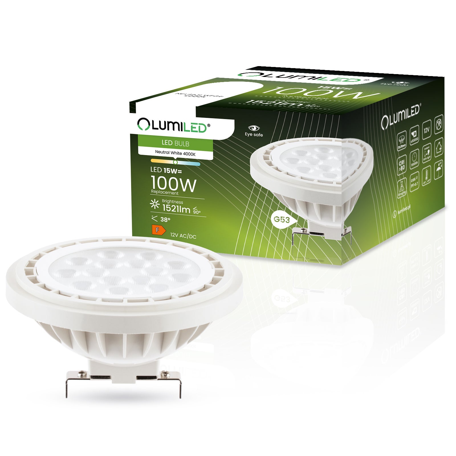 Żarówka LED Lumiled G53 Reflektor AR111 15W 1521lm 4000K Neutralna biel 38st 12V 1 szt.
