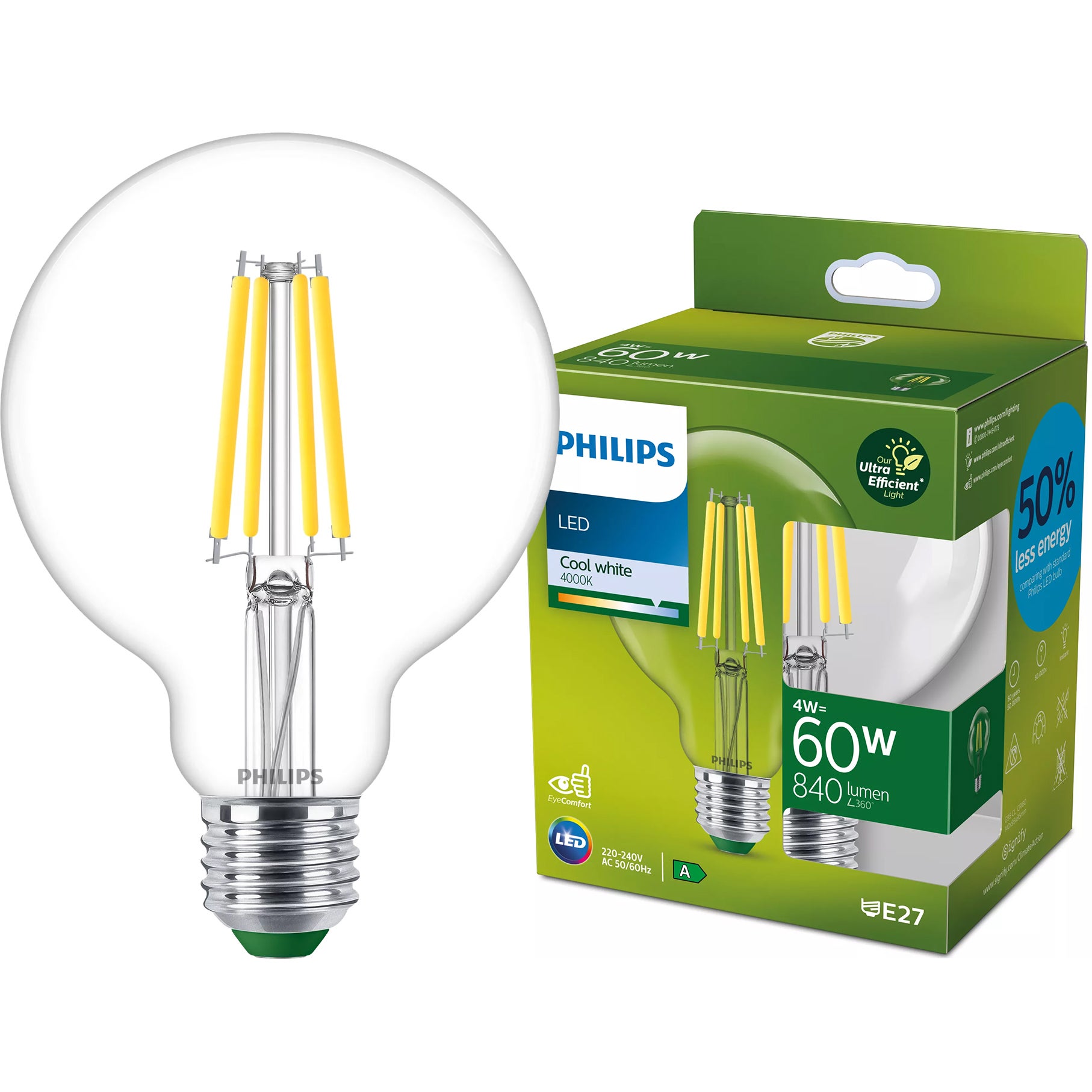 Żarówka LED Philips E27 G95 4W 840lm 4000K 300st Klasa A UltraEfficient