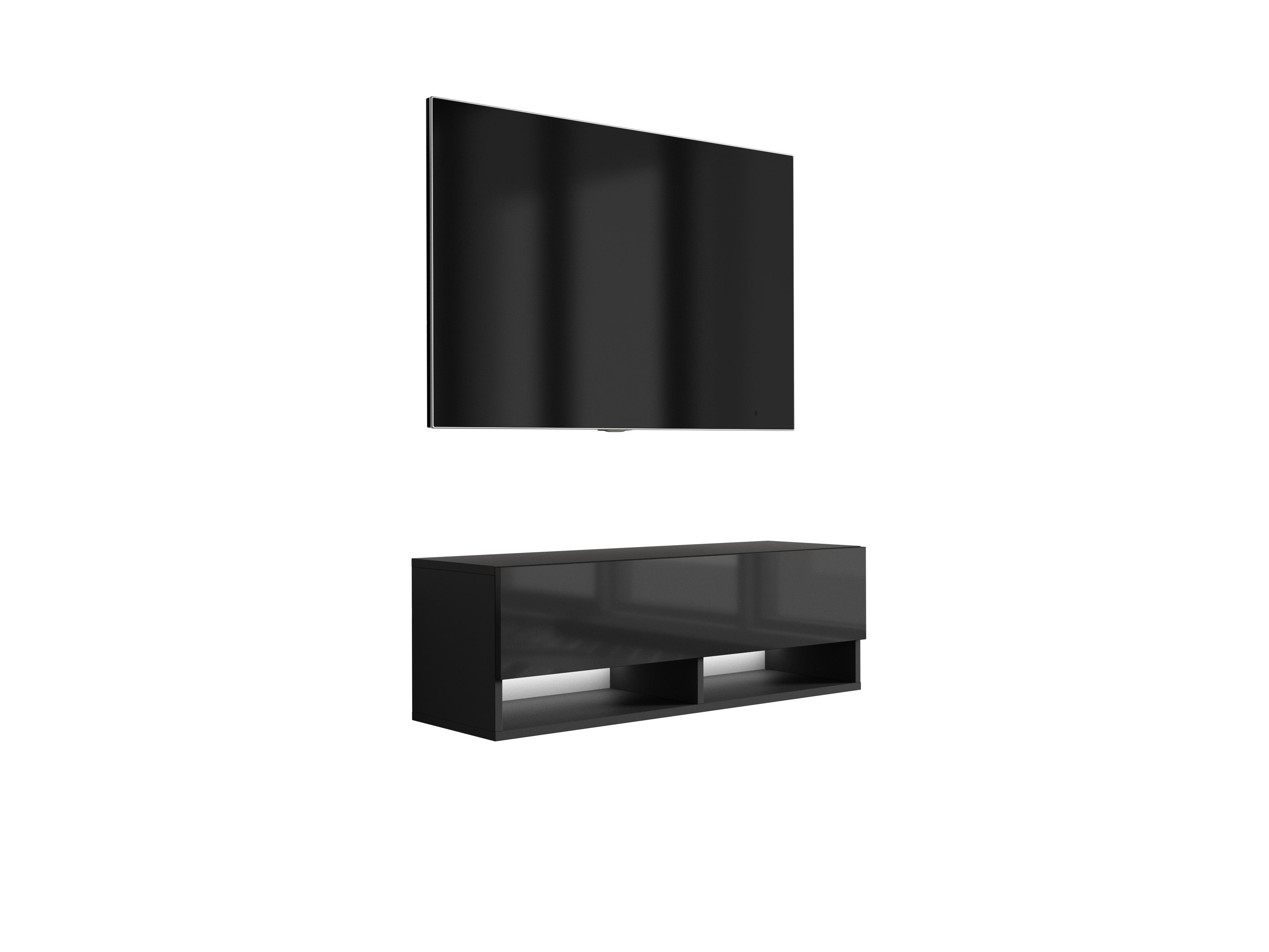 Szafka pod telewizor 100 cm Czarny Mat / Czarny Połysk, LED biały, 100 × 32 × 34 cm