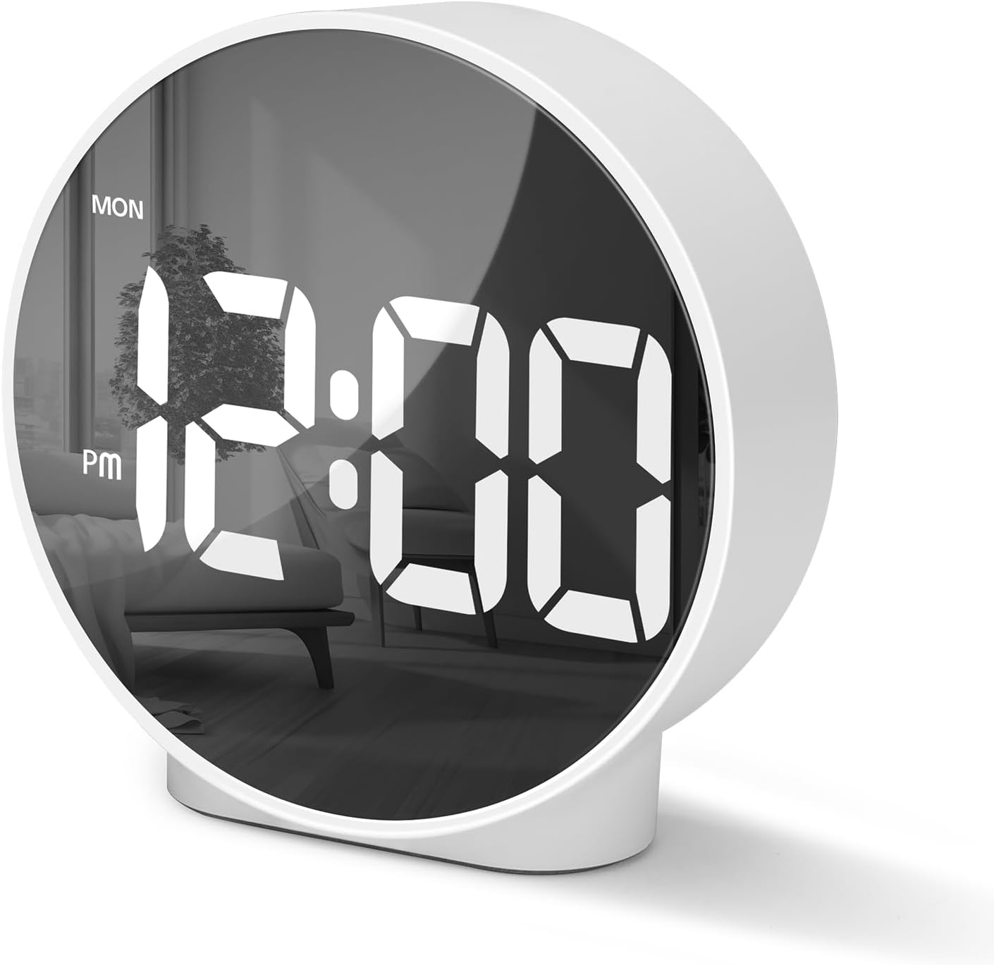 Cyfrowy budzik z zakrzywionym ekranem LED, okrągły, nowoczesny cyfrowy budzik z 2 alarmami, funkcją drzemki, czasem 12/24 godz., 4 regulowanymi poziom