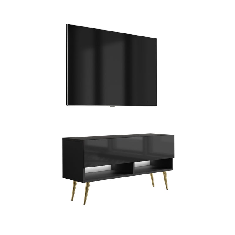 Szafka pod telewizor 100 cm Czarny Mat / Czarny Połysk, nóżki pochyłe złote, LED biały, 100 × 32 × 52 cm