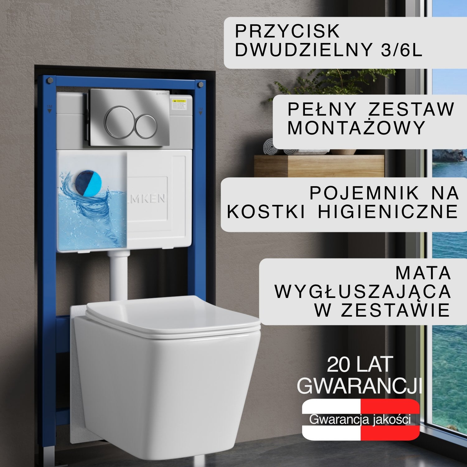 Stelaż podtynkowy WC Helmken 35120001 Zestaw 6w1: Przycisk Chrom (E), Miska bezkołnierzowa Rimless, Deska wolnoopadająca, Pojemnik na kostki, Mata