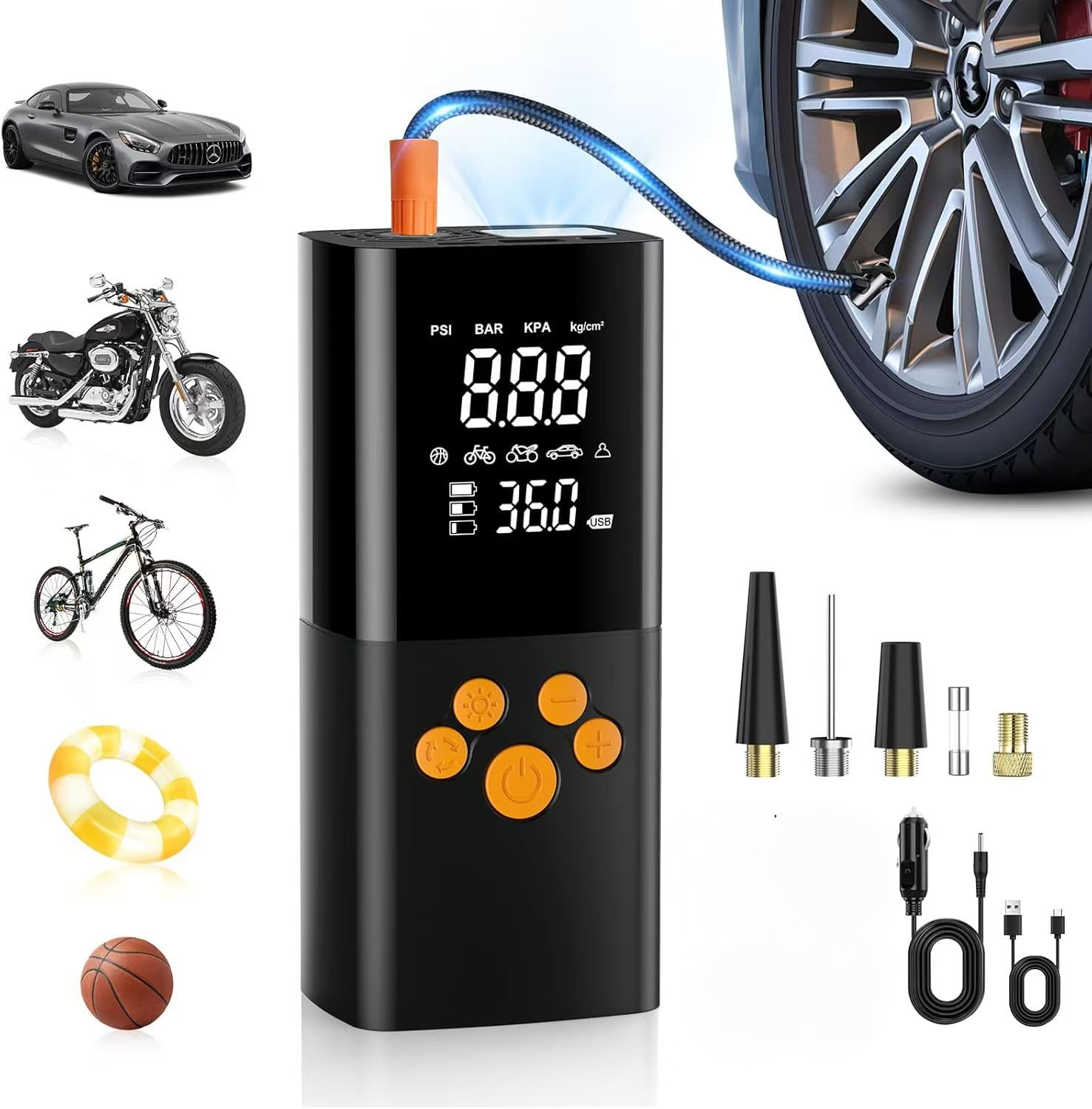 Przenośna sprężarka powietrza 2600 x 3 mAh, bezprzewodowa pompa samochodowa do pompowania opon 150 PSI z cyfrowym wyświetlaczem LCD, akumulatorowa pom