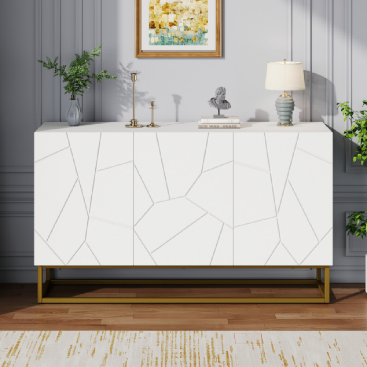 Biały kredens z trzema drzwiami, wymiary 130 x 38 x 76 cm (szer. x gł. x wys.)