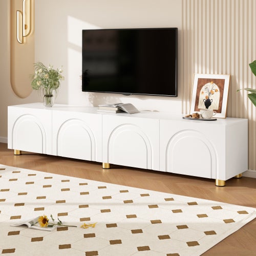 Nowoczesna szafka RTV 180x35x40 cm - 4 drzwi - Łukowy, tłoczony wzór - Nogi metalowe - Płyta MDF + płyta wiórowa - Biała