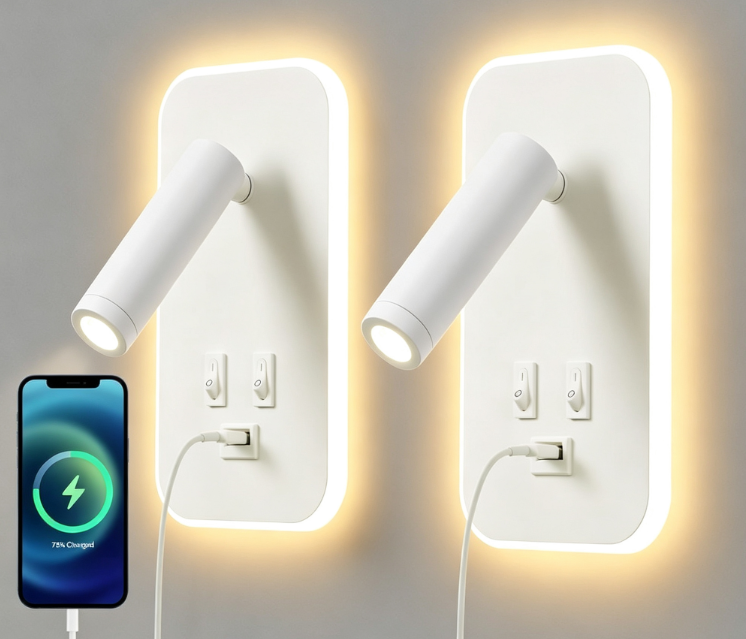 (2 sztuki) Lampka LED do czytania, lampa ścienna do nauki, lampka nocna, regulowana, z portem ładowania USB, światło białe, białe