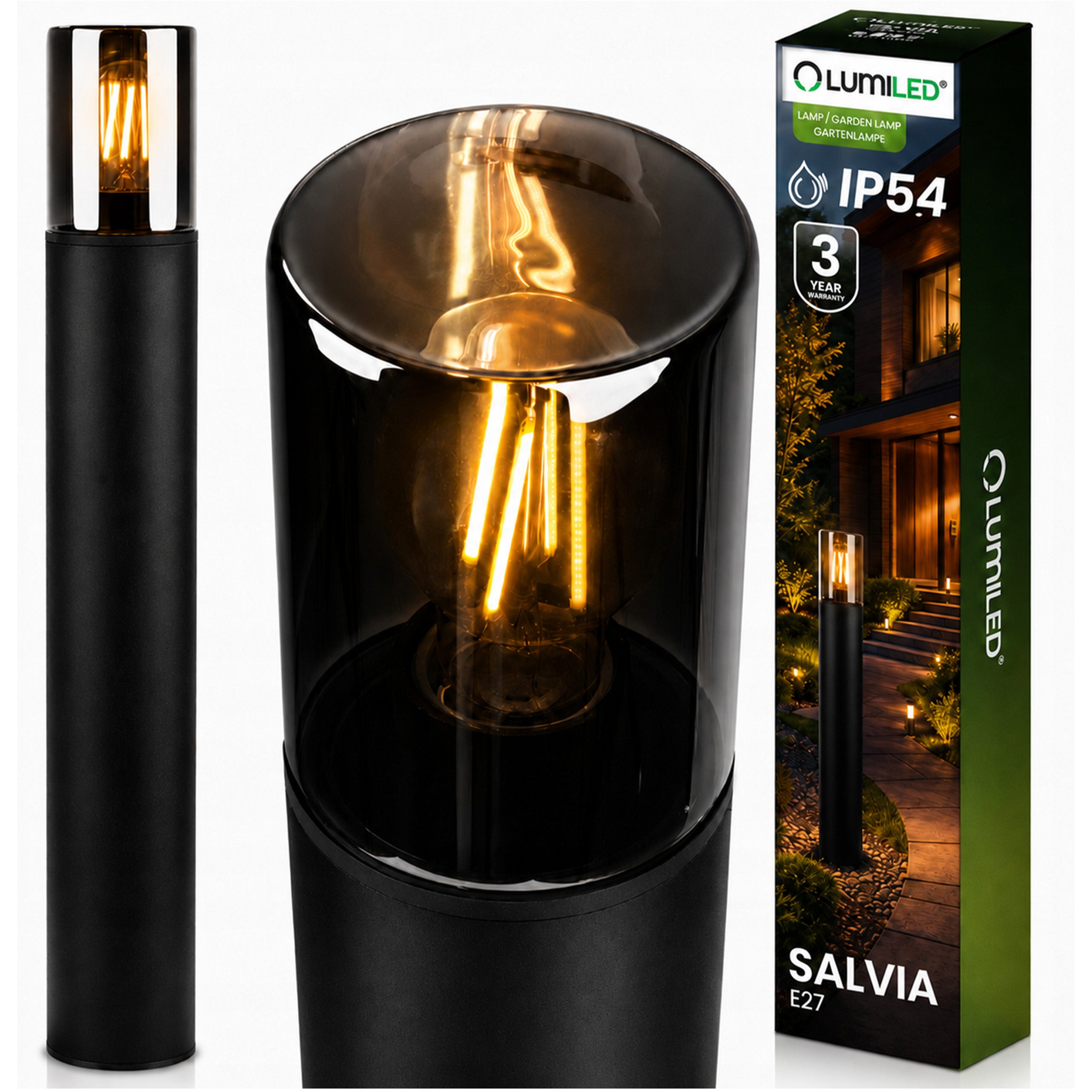 Lampa Ogrodowa Lumiled Stojąca Zewnętrzna Słupek E27 Czarna Szkło IP54 60 cm 1 szt.