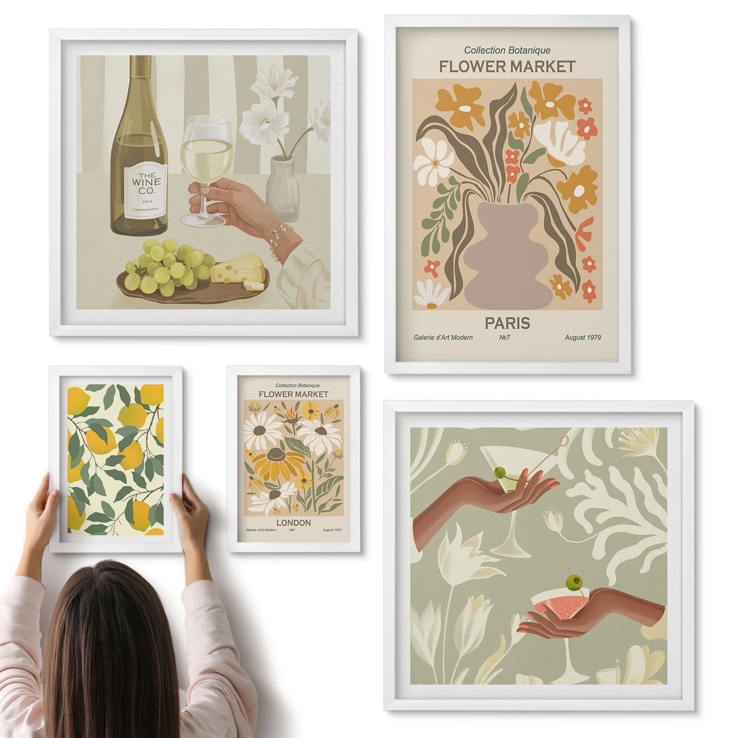 Galeria ścienna 5-częściowy komplet obrazów w białych ramach - Kwiatowe rynki i owocowe akcenty w stylu vintage - ArtPrintCave