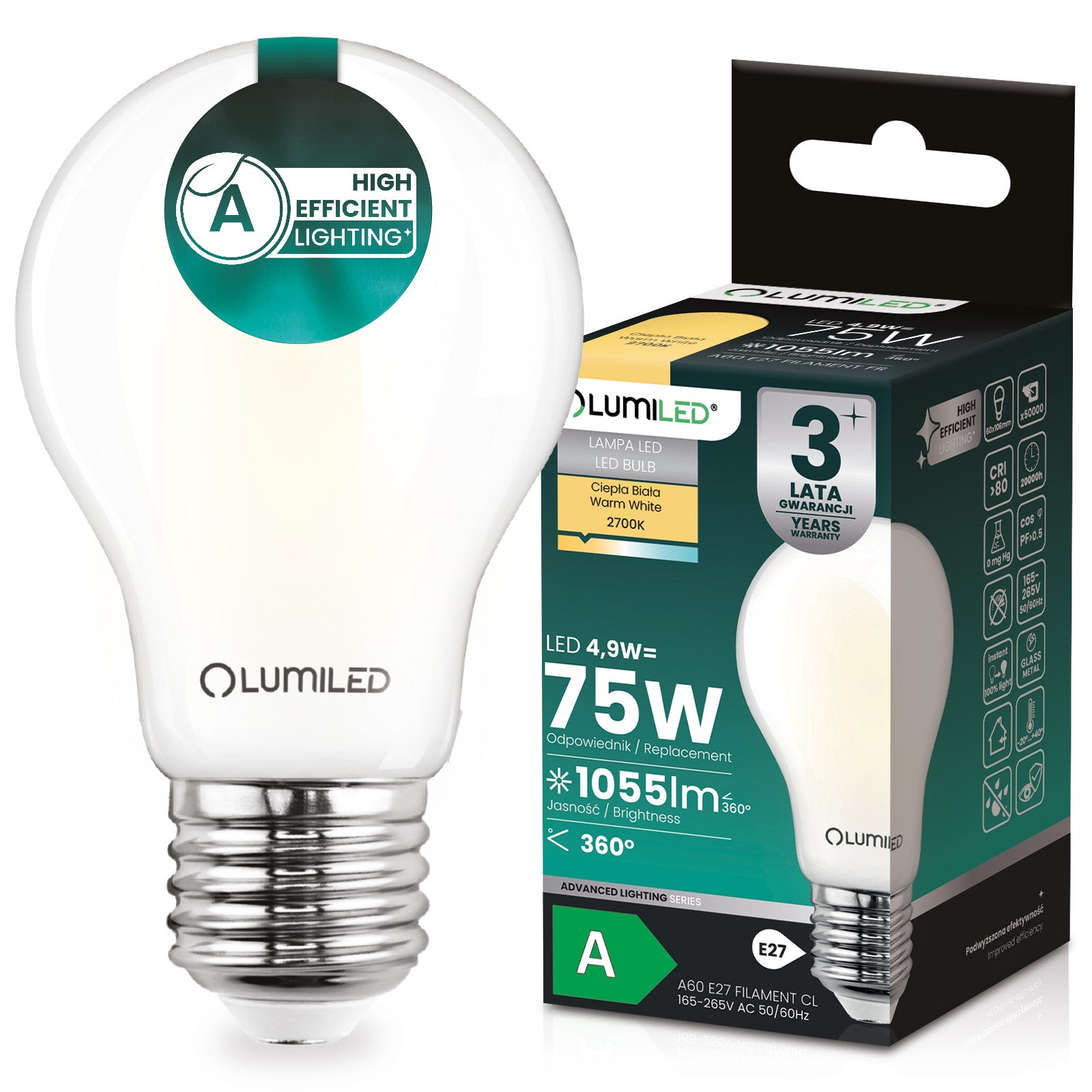 Żarówka LED Lumiled E27 A60 4.9W 1055lm 2700K Ciepła 360st Filament KLASA A 1 szt.