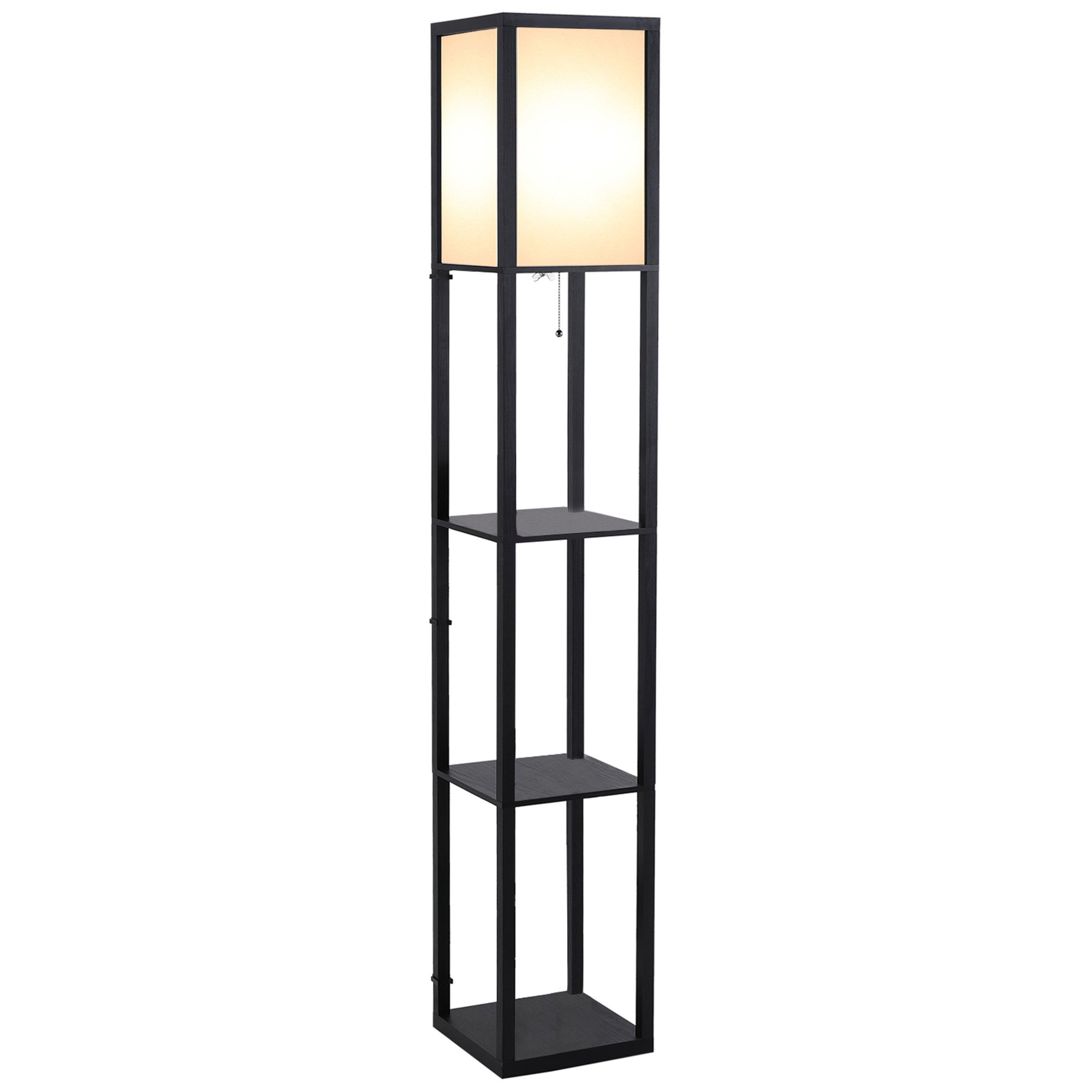 Lampa podłogowa z półką, 26 dł. x 26 szer. x 160 wys. cm, 3 półki, 4 poziomy, płyta MDF, kolor czarny