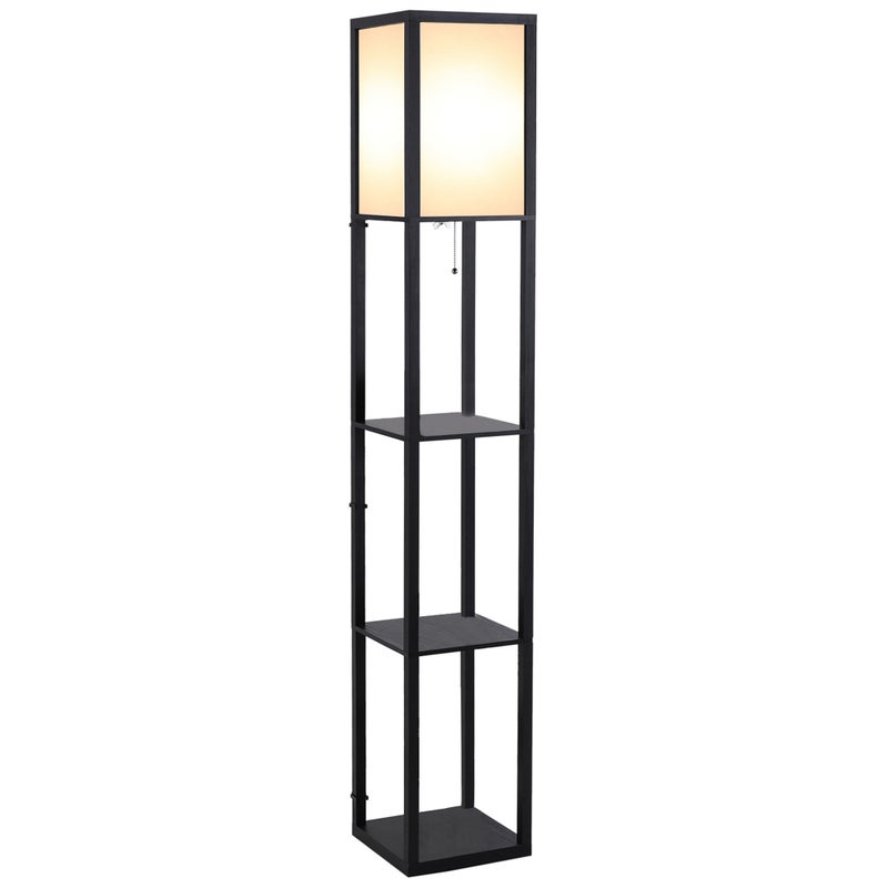 Lampa podłogowa z półką, 26 dł. x 26 szer. x 160 wys. cm, 3 półki, 4 poziomy, płyta MDF, kolor czarny
