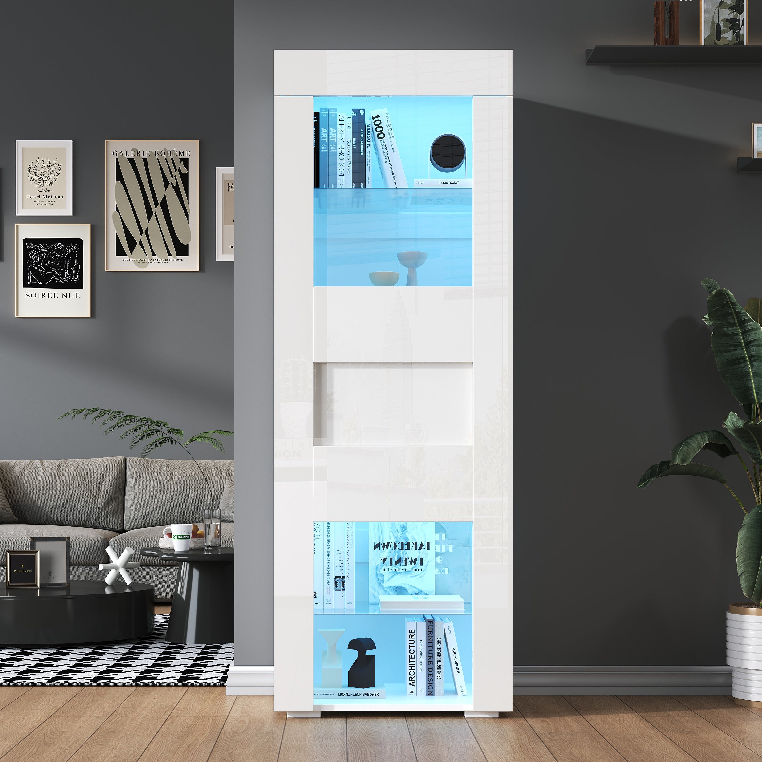 Witryna z połyskiem 60 x 40 x 170 cm - z oświetleniem LED - 1 drzwi - szklane półki - biały