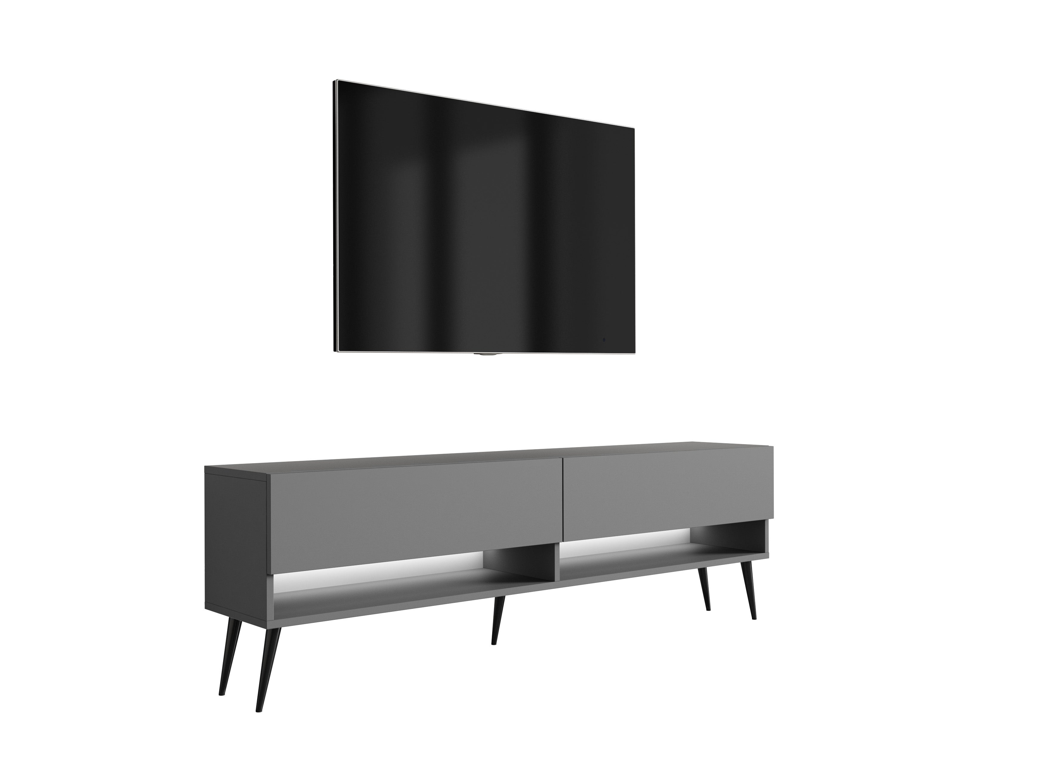 Szafka pod telewizor 170 cm Antracyt, nóżki pochyłe czarne, LED biały, 170 × 32 × 52 cm