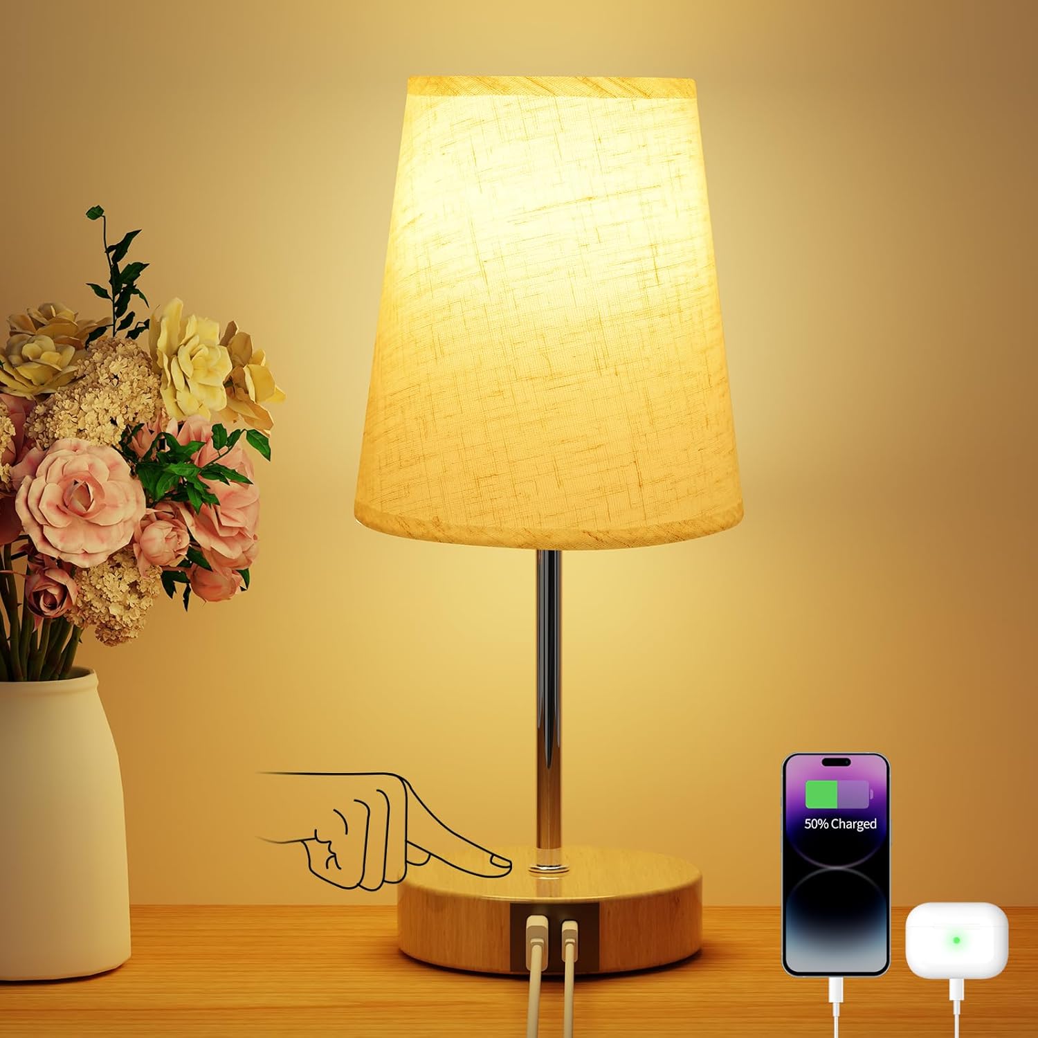 Lampka nocna z portami ładowania USB-A i USB-C, 3 poziomy jasności, klosz z tkaniny, drewniana podstawa, mała lampka stołowa do sypialni
