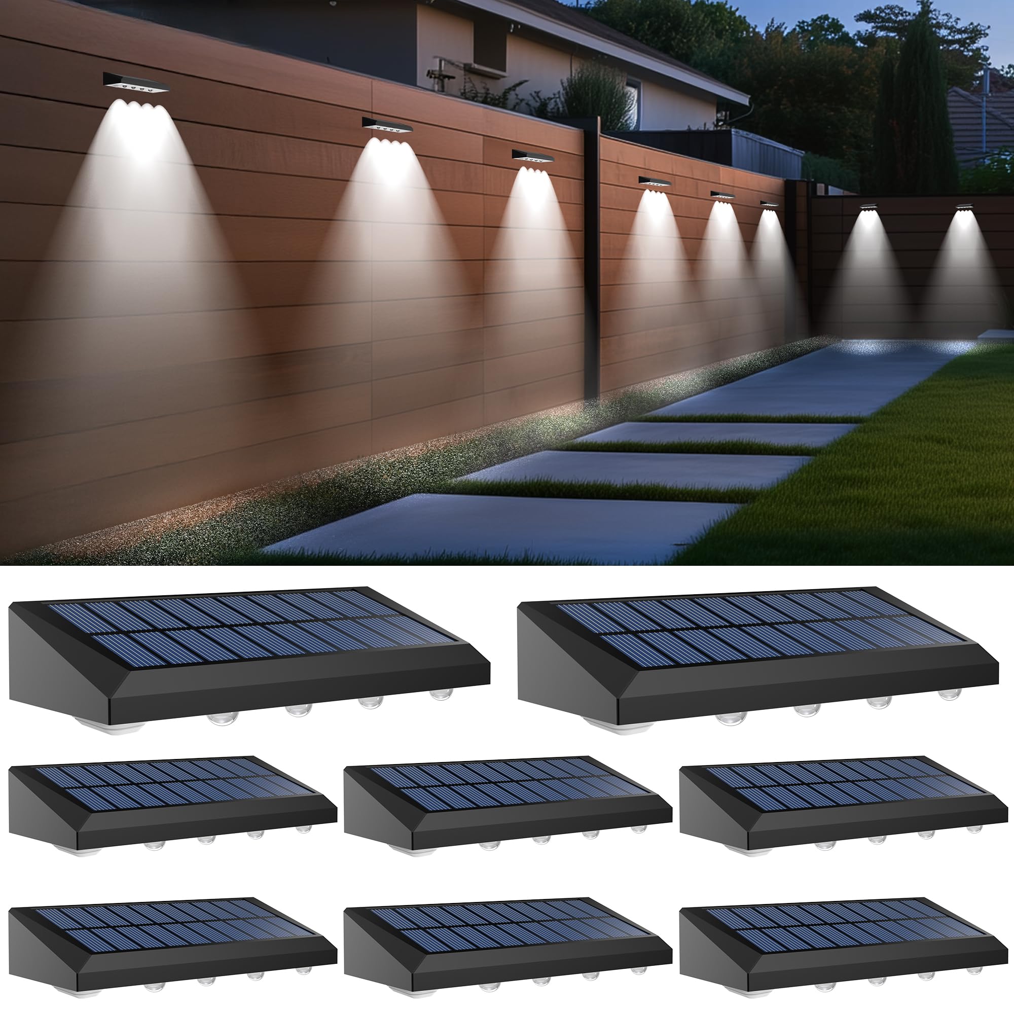 Zestaw 8 lamp solarnych do ogrodu na ogrodzeniu, podwójna lampa solarna LED wodoodporna, na zewnątrz, do ogrodu, tarasu, ściany, światło białe