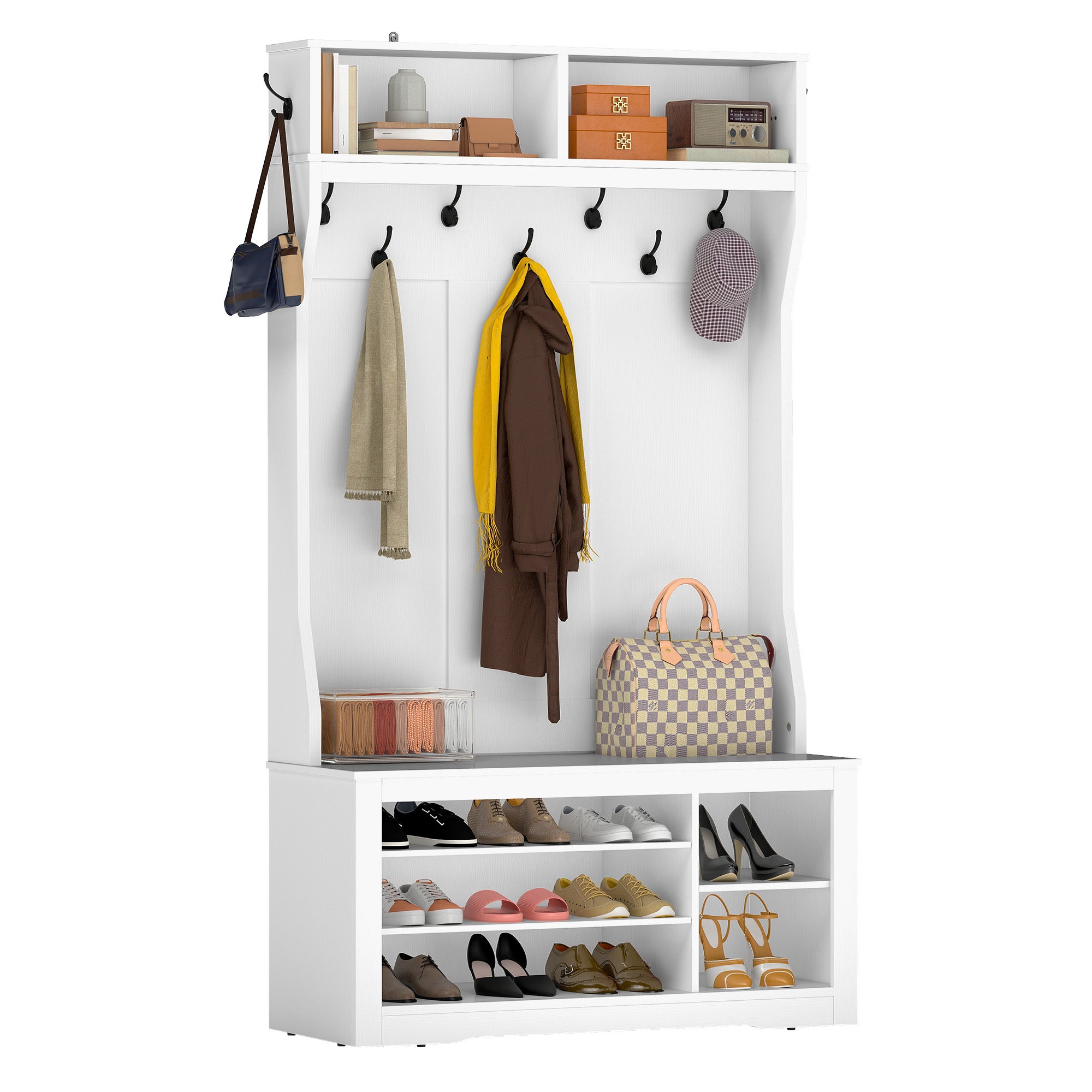 Stojak na ubrania YITAHOME z ławką, szafa z półką na buty, regulowane półki, 5 haczyków, otwarte przegródki, 100x35x180,5 cm, biały, do przedpokoju