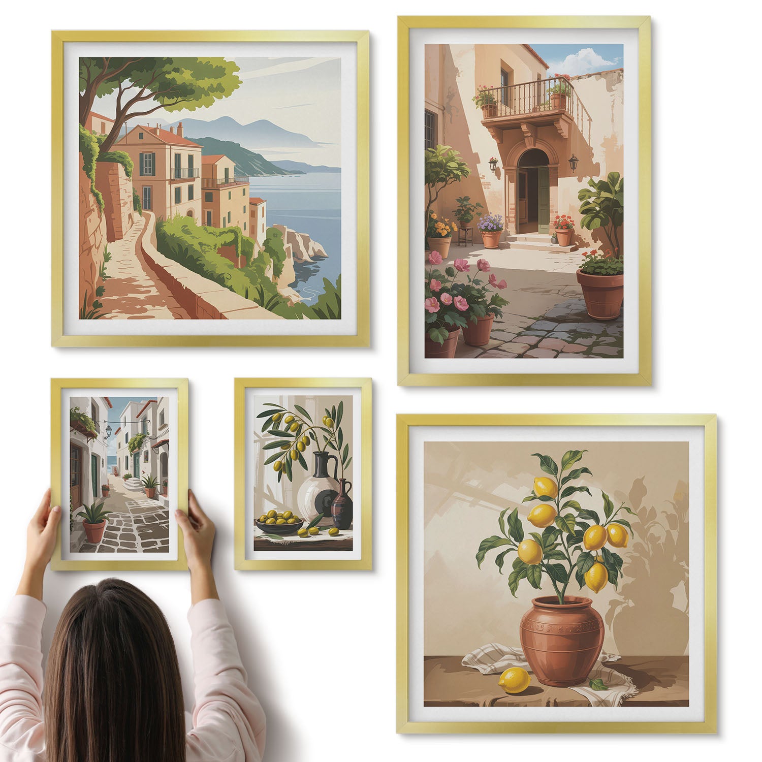 Galeria ścienna 5-częściowy komplet obrazów w złotych ramach - Kameralne uliczki i kwiatowe akcenty w stylu śródziemnomorskim - ArtPrintCave