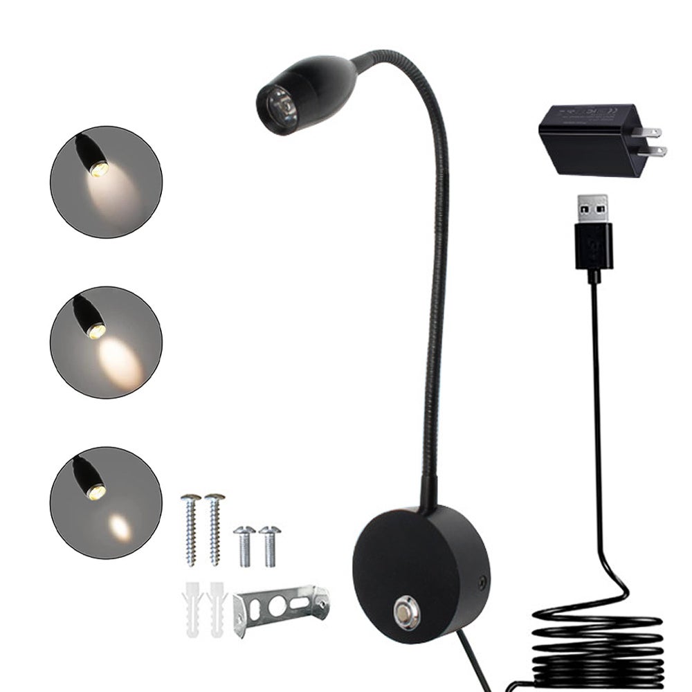 Lampka ścienna do czytania z regulacją odległości, lampka nocna LED z włącznikiem, giętka i obrotowa aluminiowa lampa ścienna, 3 W